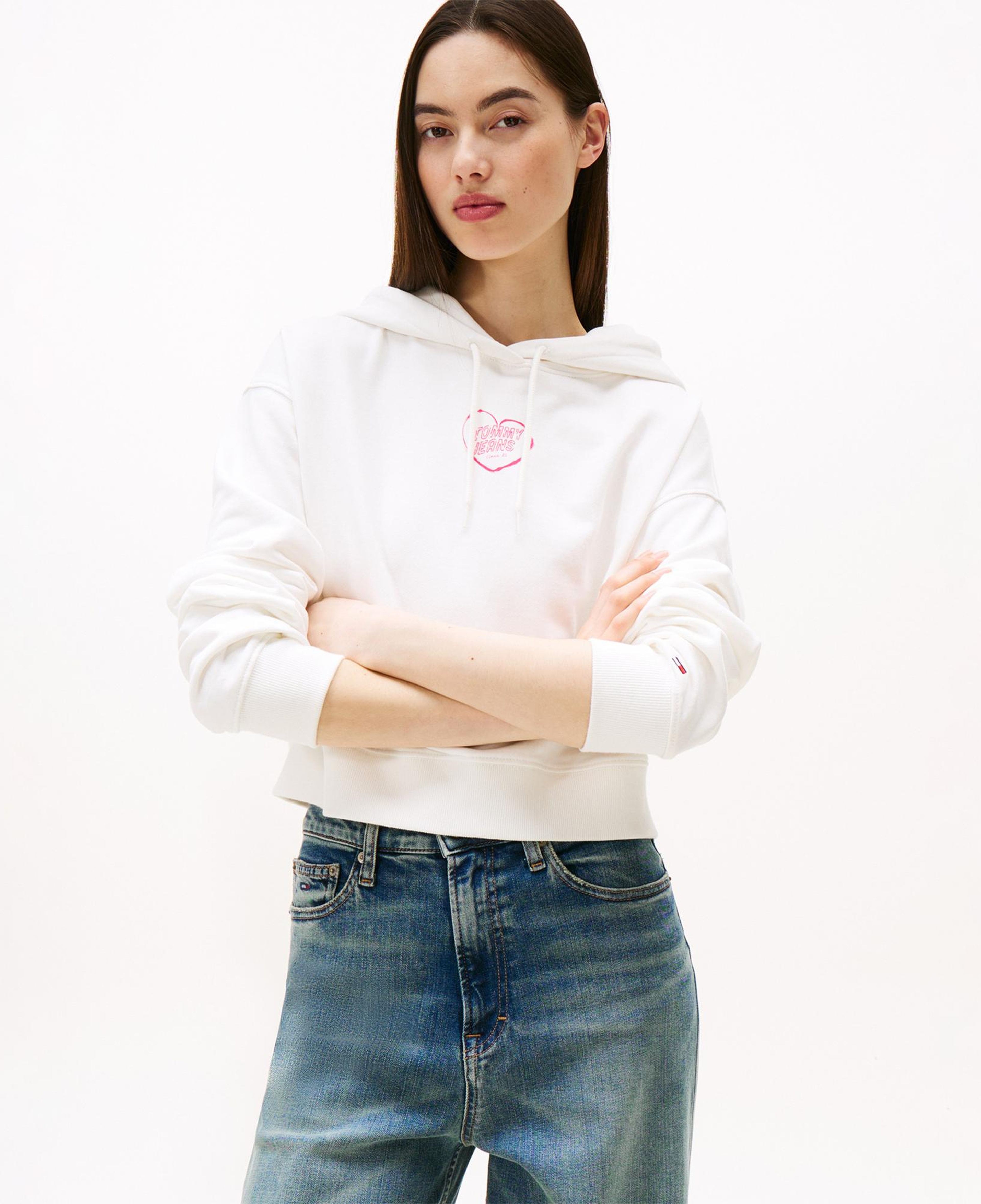 Tommy Jeans Relax Crop Heart Kadın Beyaz Hoodie