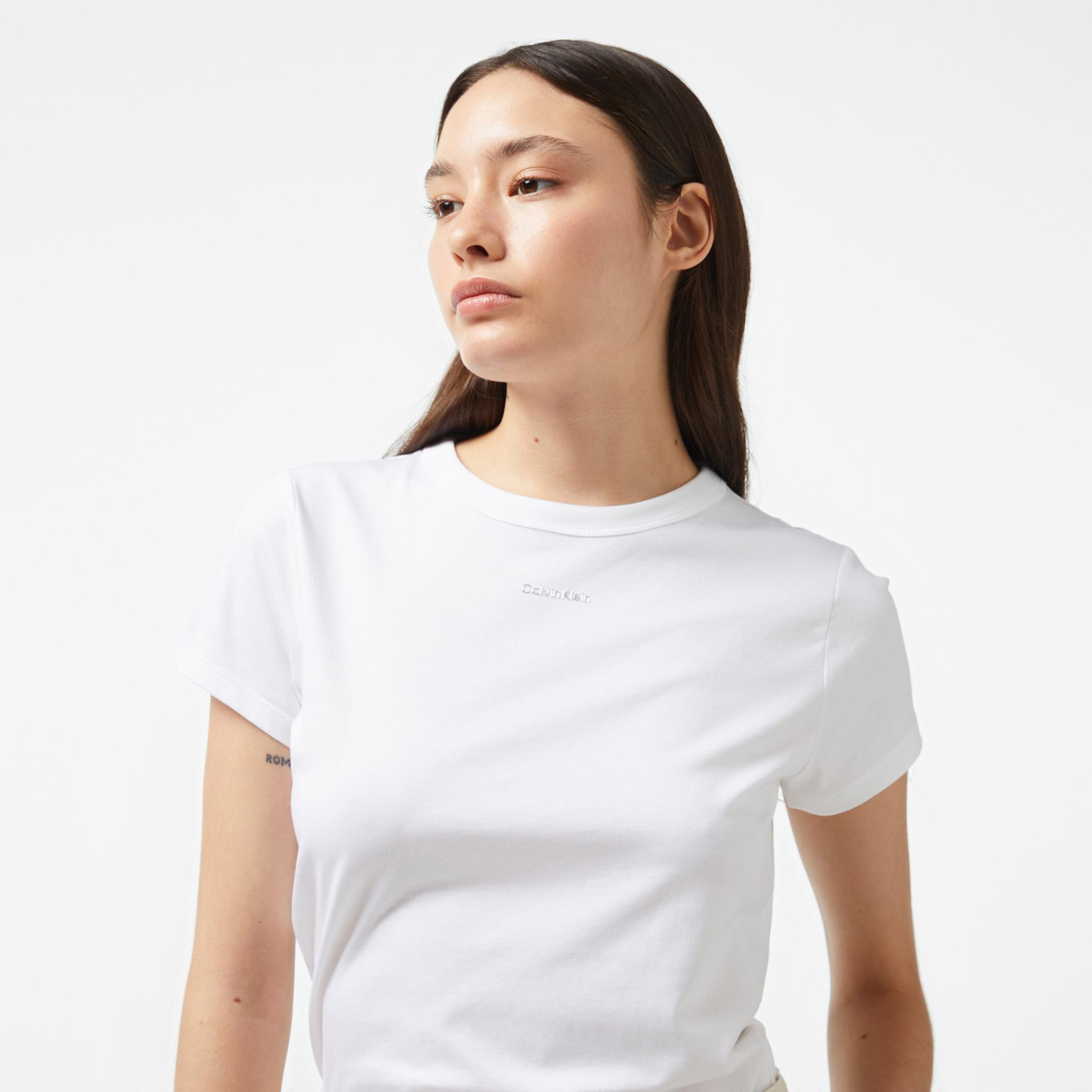 Calvin Klein Nano Logo Slım Kadın Beyaz T-Shirt