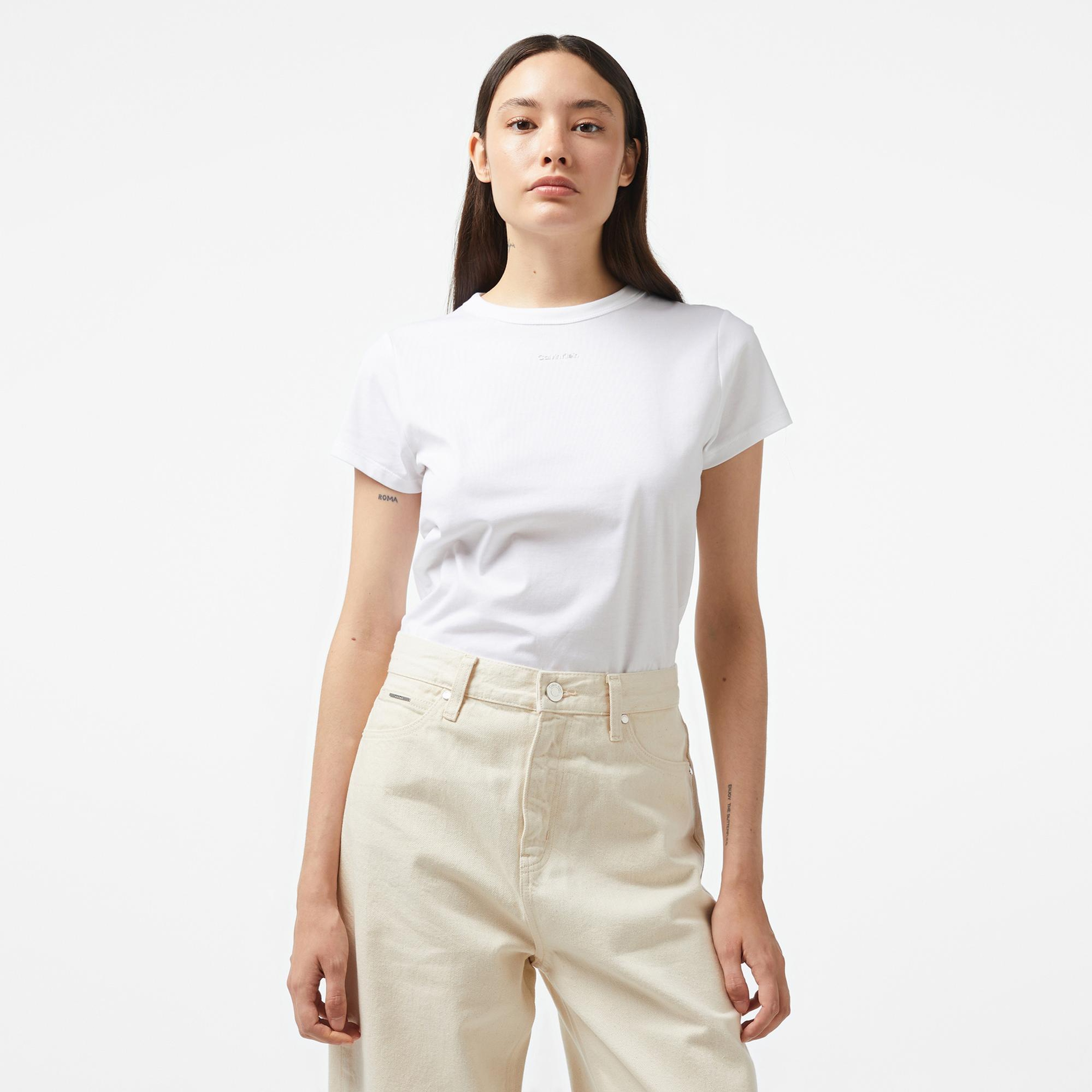 Calvin Klein Nano Logo Slım Kadın Beyaz T-Shirt