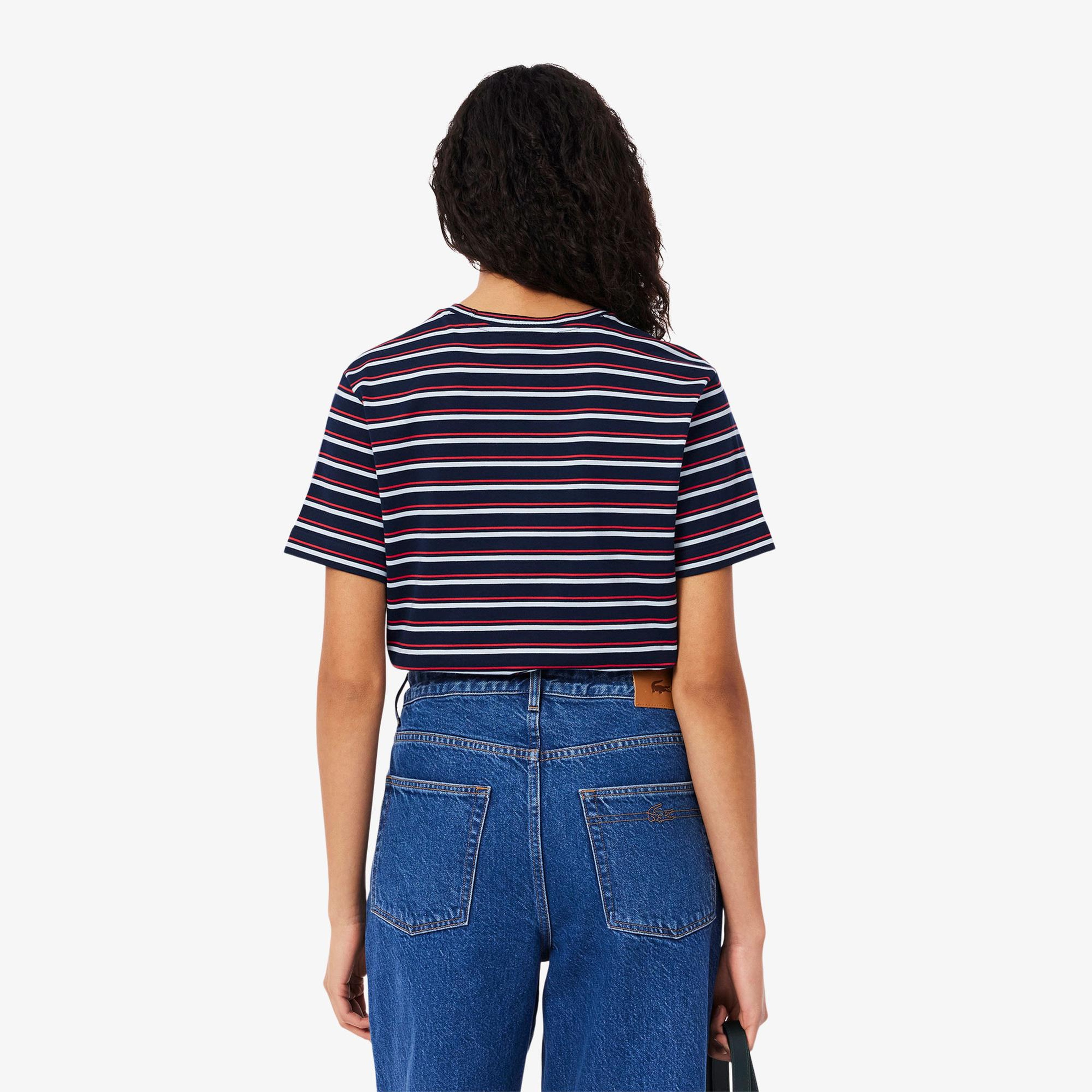 Lacoste Kadın Regular Fit Bisiklet Yaka Çizgili Lacivert T-Shirt