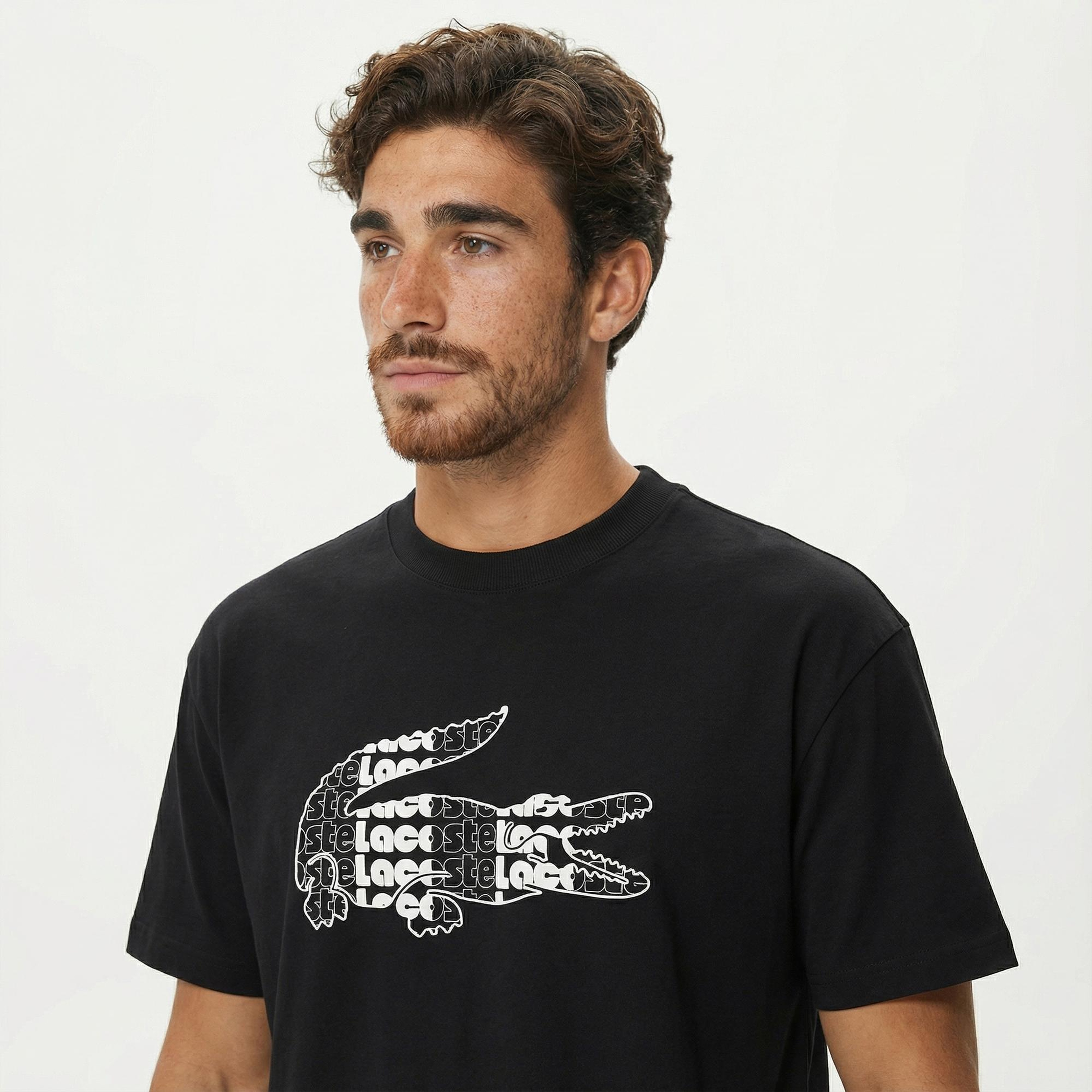 Lacoste Erkek Relaxed Fit Bisiklet Yaka Baskılı Siyah T-Shirt