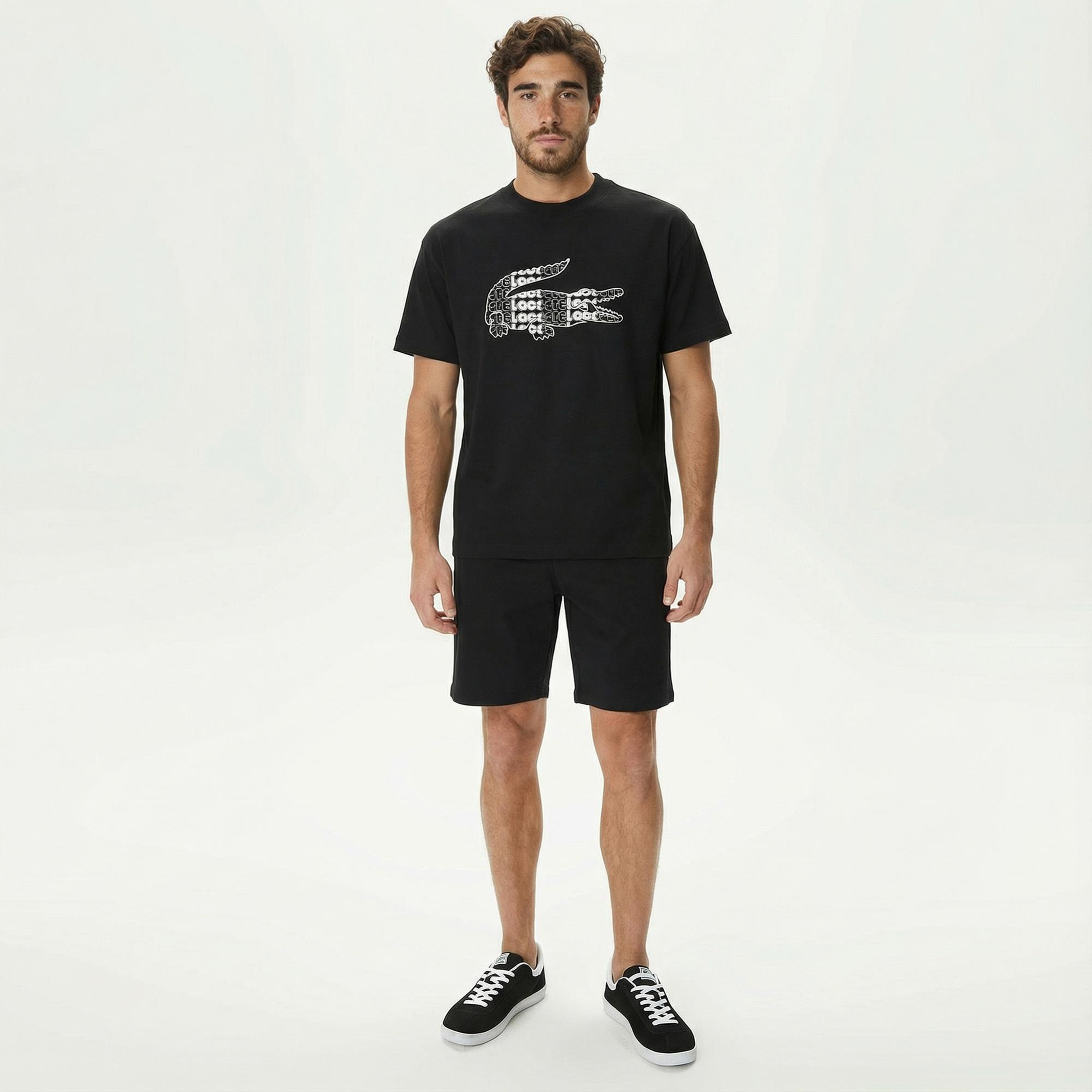 Lacoste Erkek Relaxed Fit Bisiklet Yaka Baskılı Siyah T-Shirt