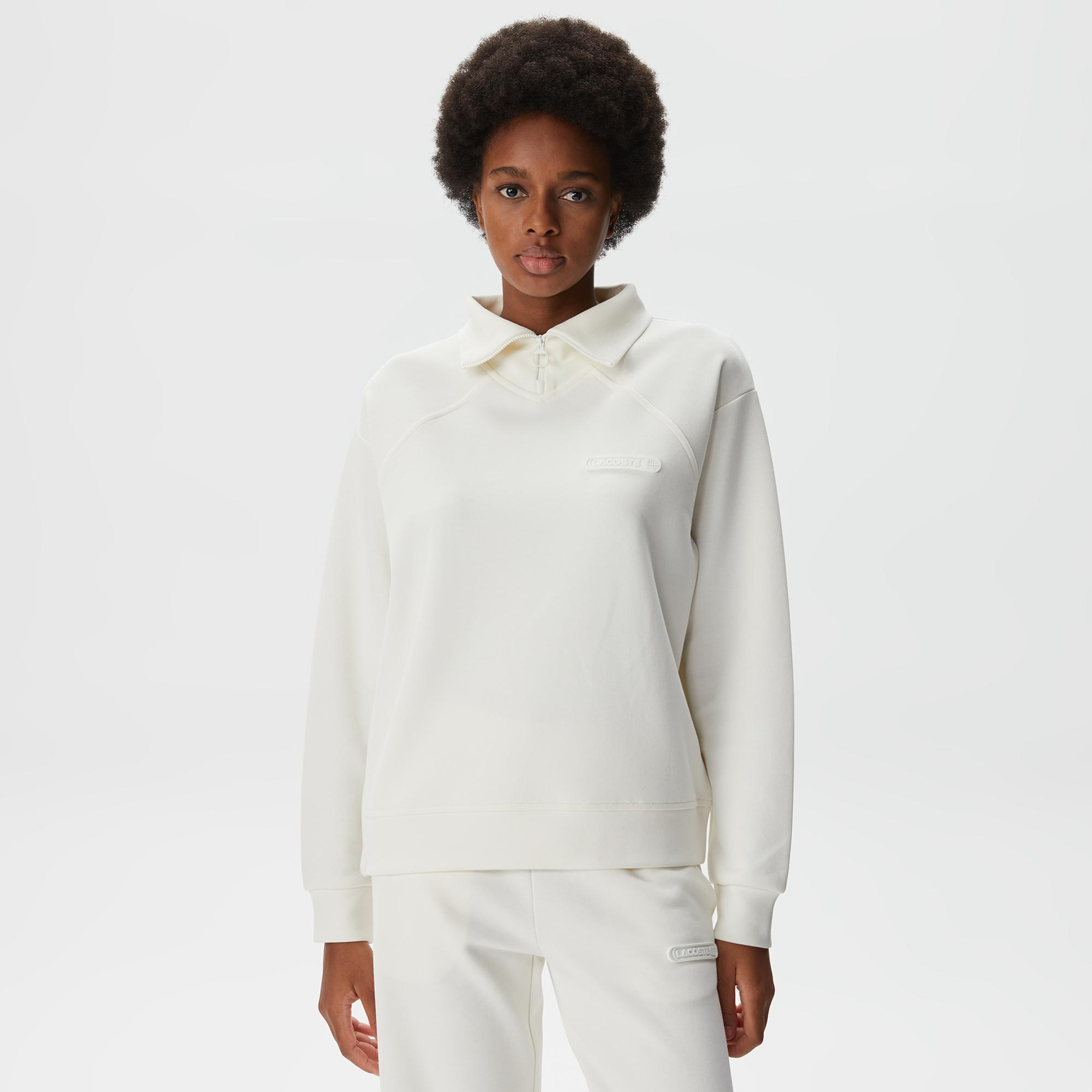 Lacoste Kadın Regular Fit Fermuarlı Dik Yaka Beyaz Sweatshirt