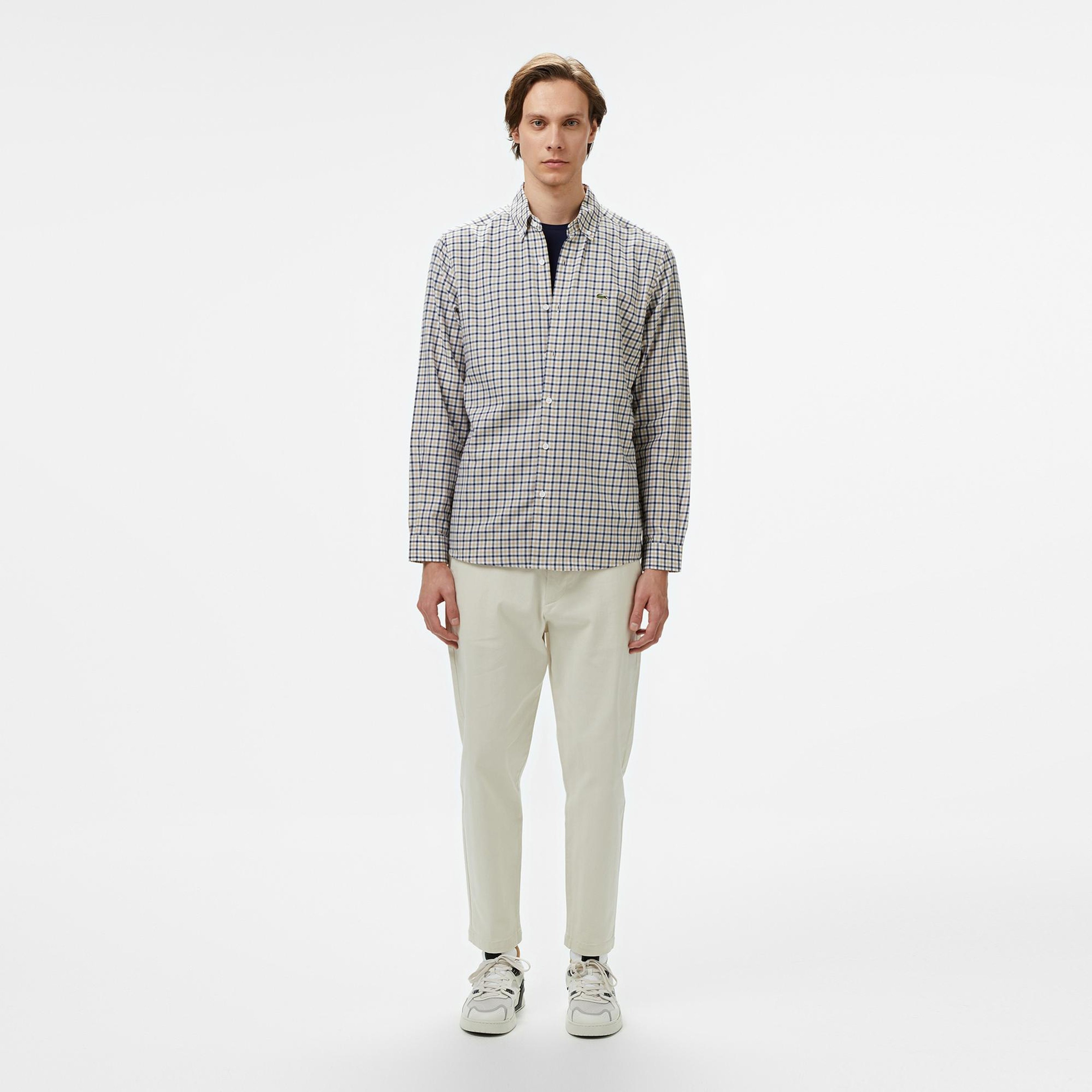 Lacoste Erkek Regular Fit Düğmeli Yaka Kareli Kahverengi Gömlek