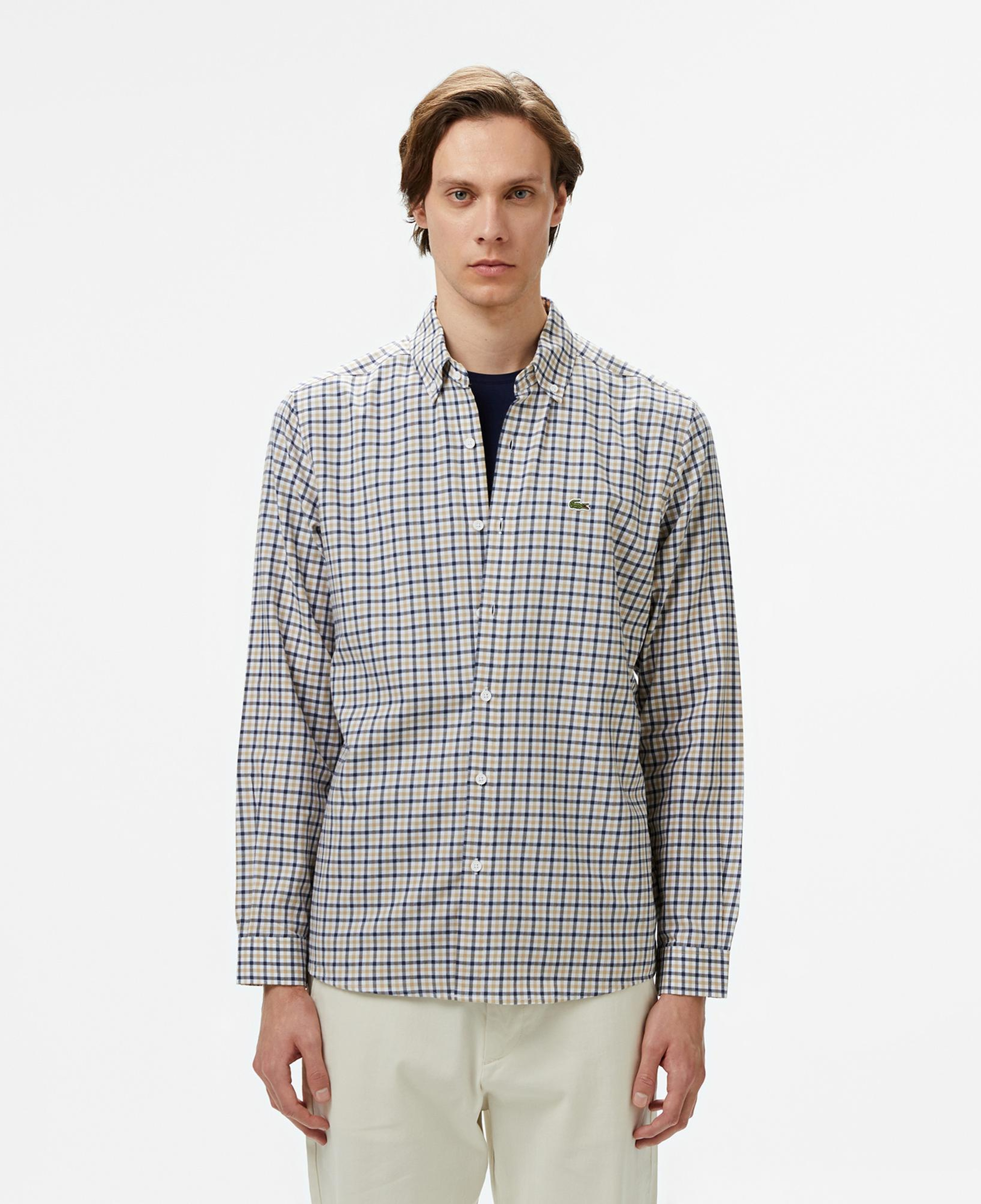Lacoste Erkek Regular Fit Düğmeli Yaka Kareli Kahverengi Gömlek