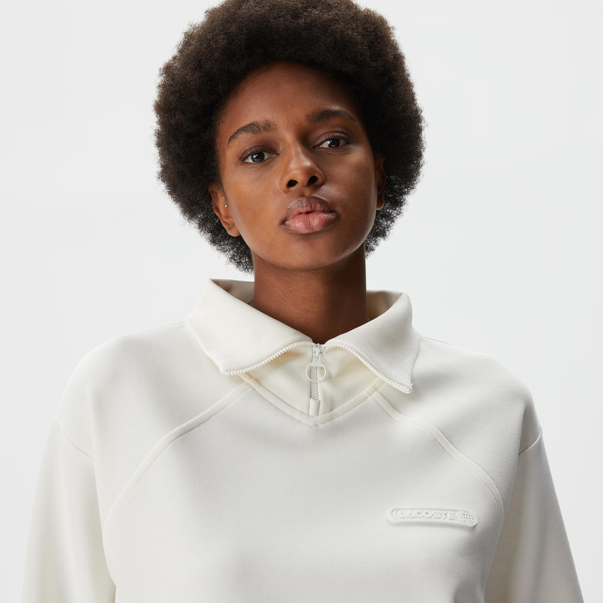 Lacoste Kadın Regular Fit Fermuarlı Dik Yaka Beyaz Sweatshirt