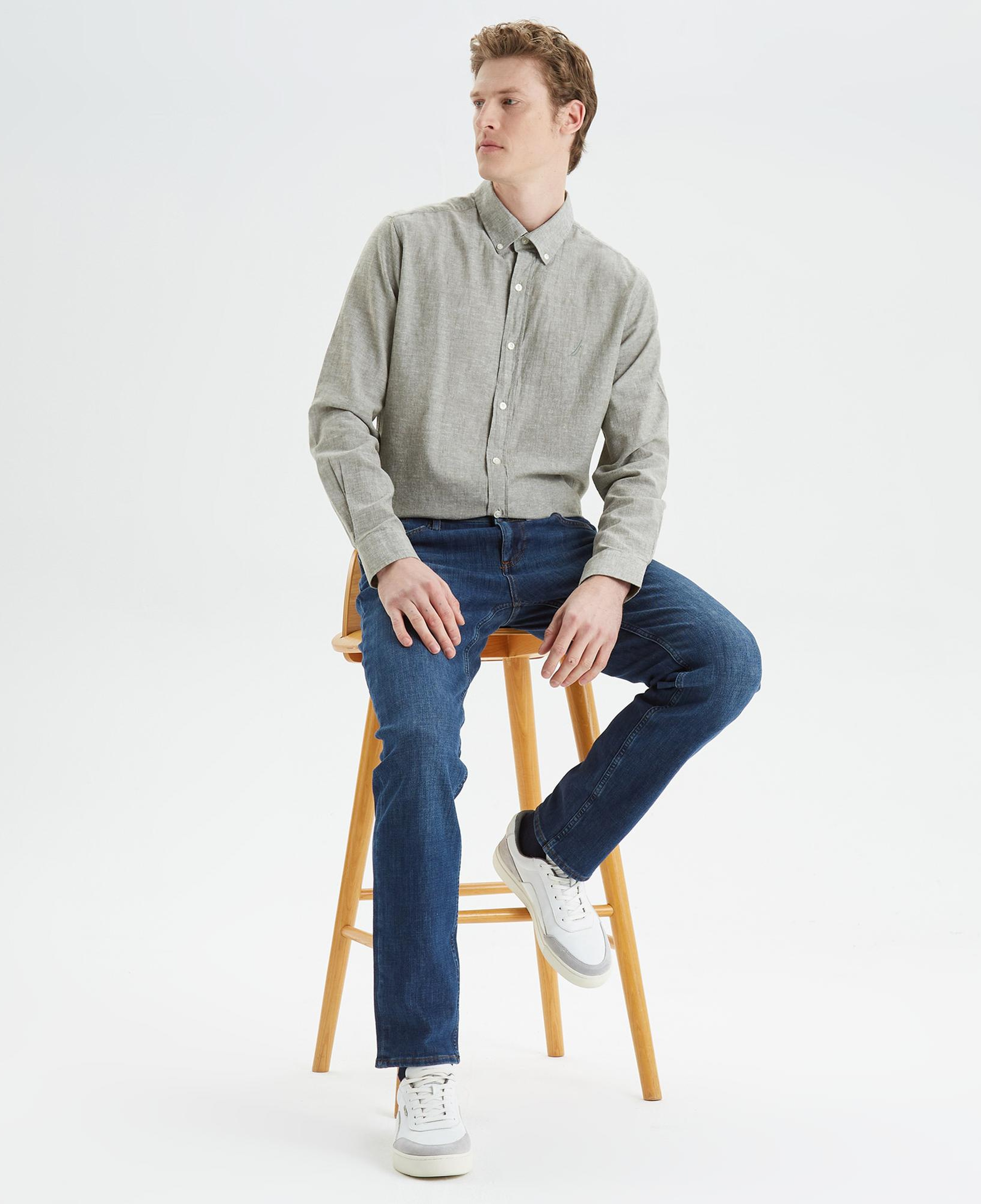 Nautica Erkek Yeşil Slim Fit Uzun Kollu Keten Gömlek