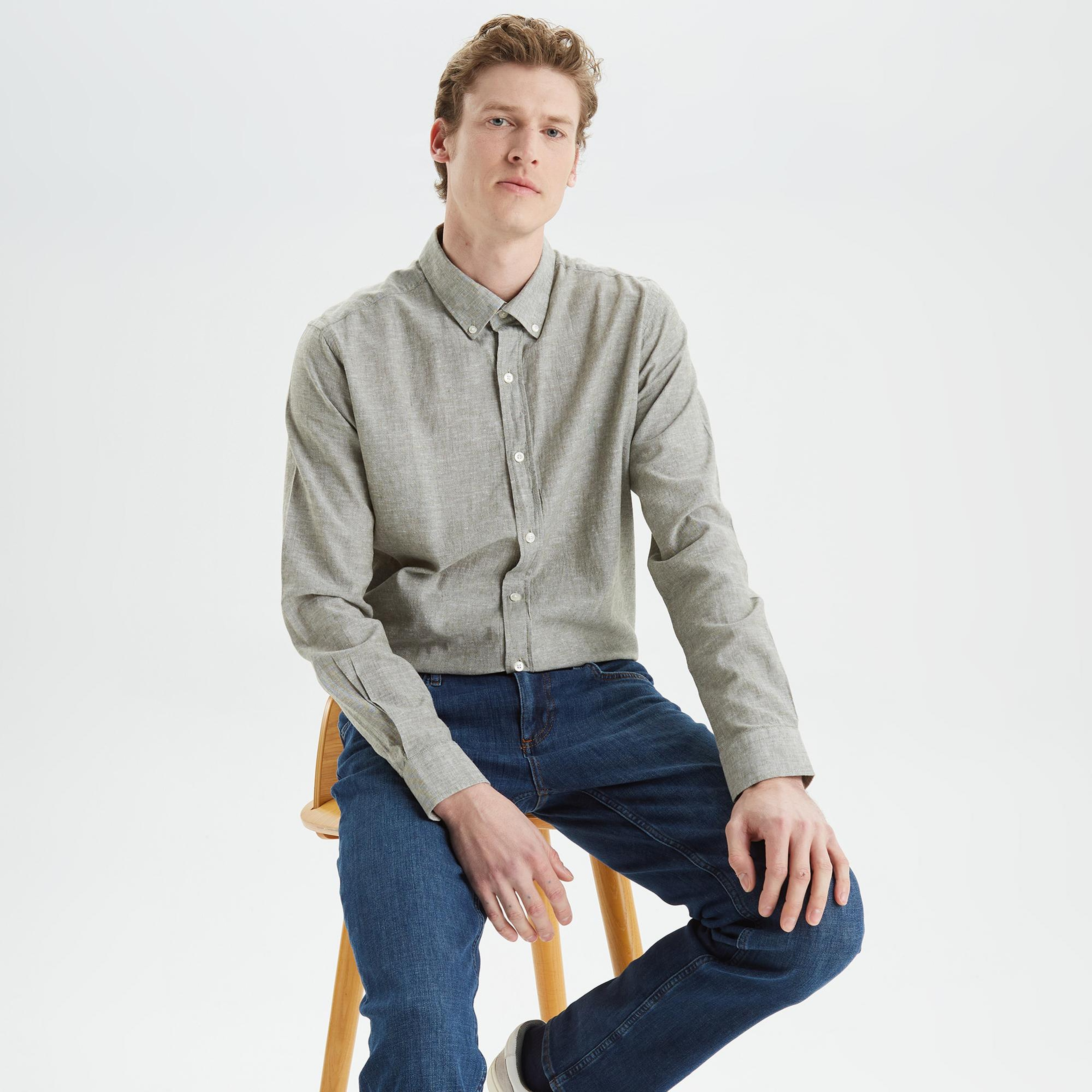 Nautica Erkek Yeşil Slim Fit Uzun Kollu Keten Gömlek