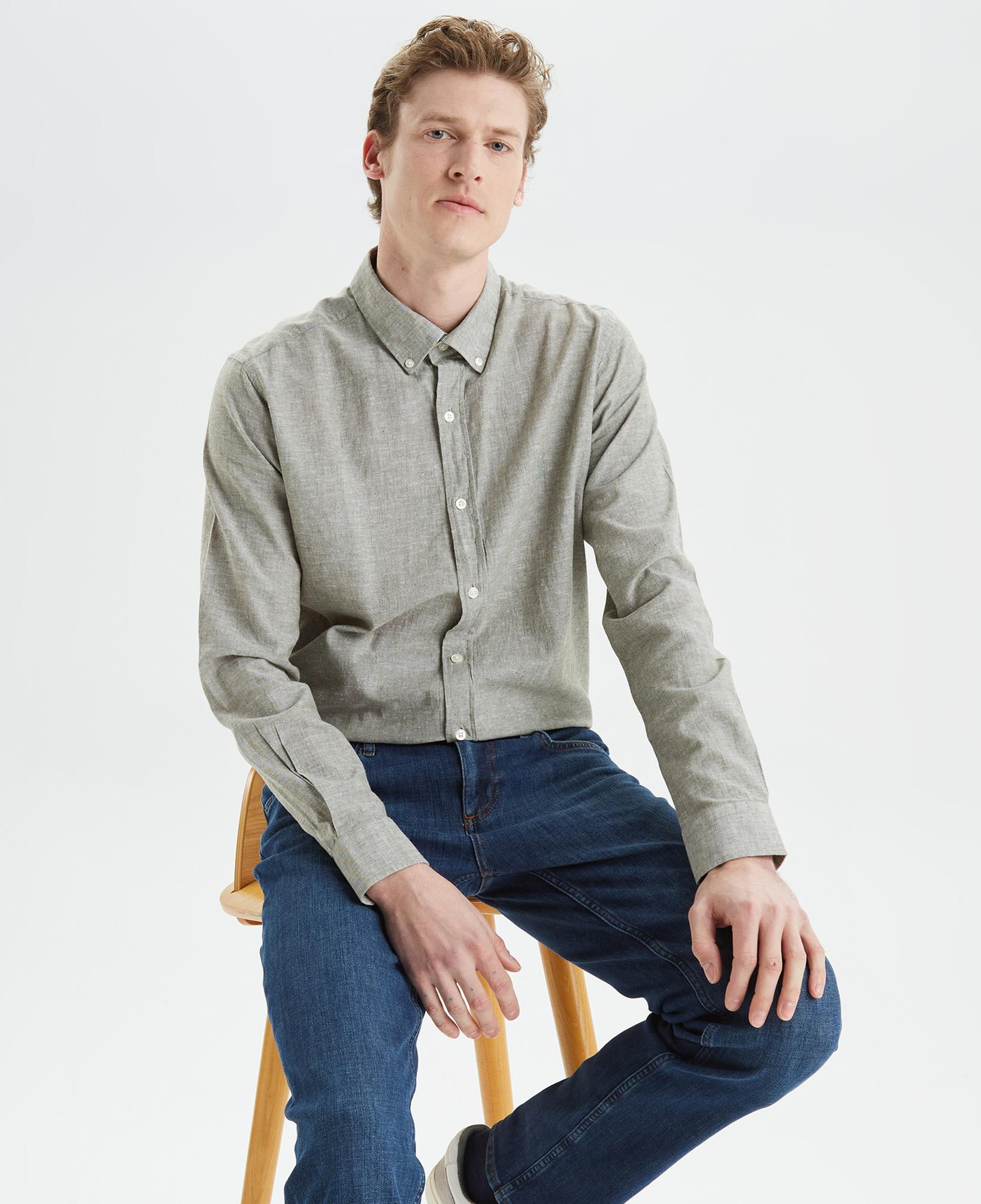 Nautica Erkek Yeşil Slim Fit Uzun Kollu Keten Gömlek