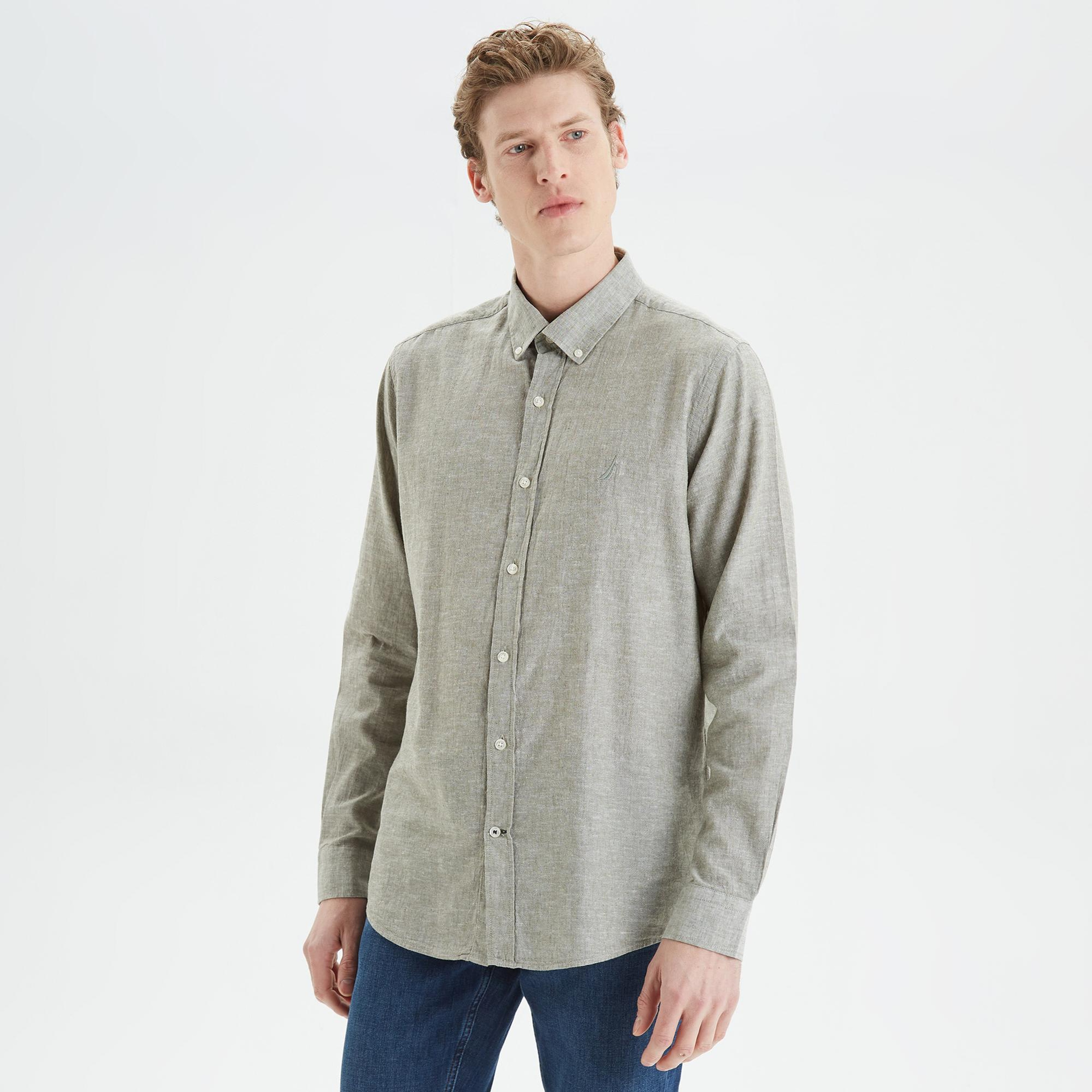 Nautica Erkek Yeşil Slim Fit Uzun Kollu Keten Gömlek