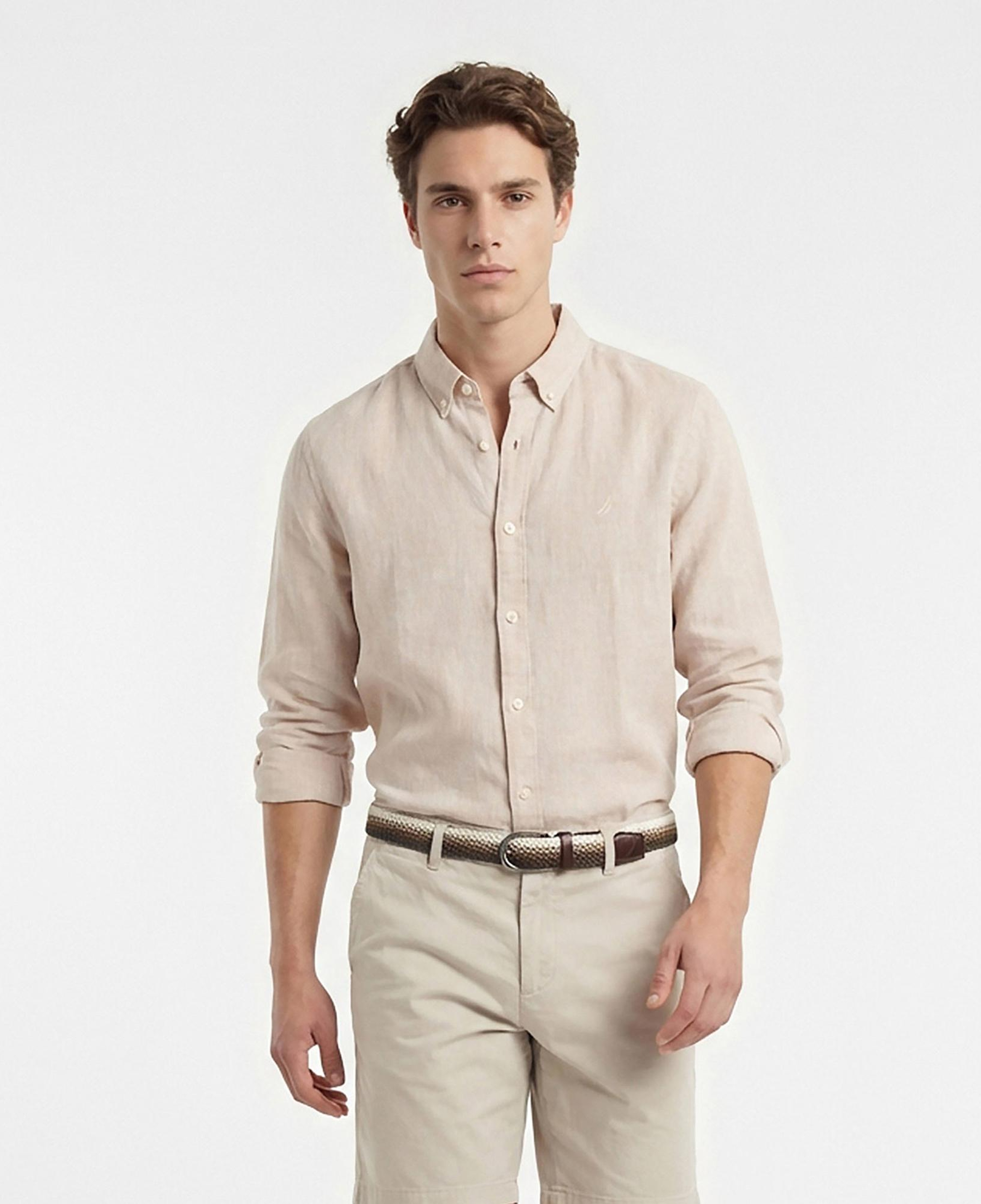 Nautica Erkek Bej Regular Fit Keten Gömlek