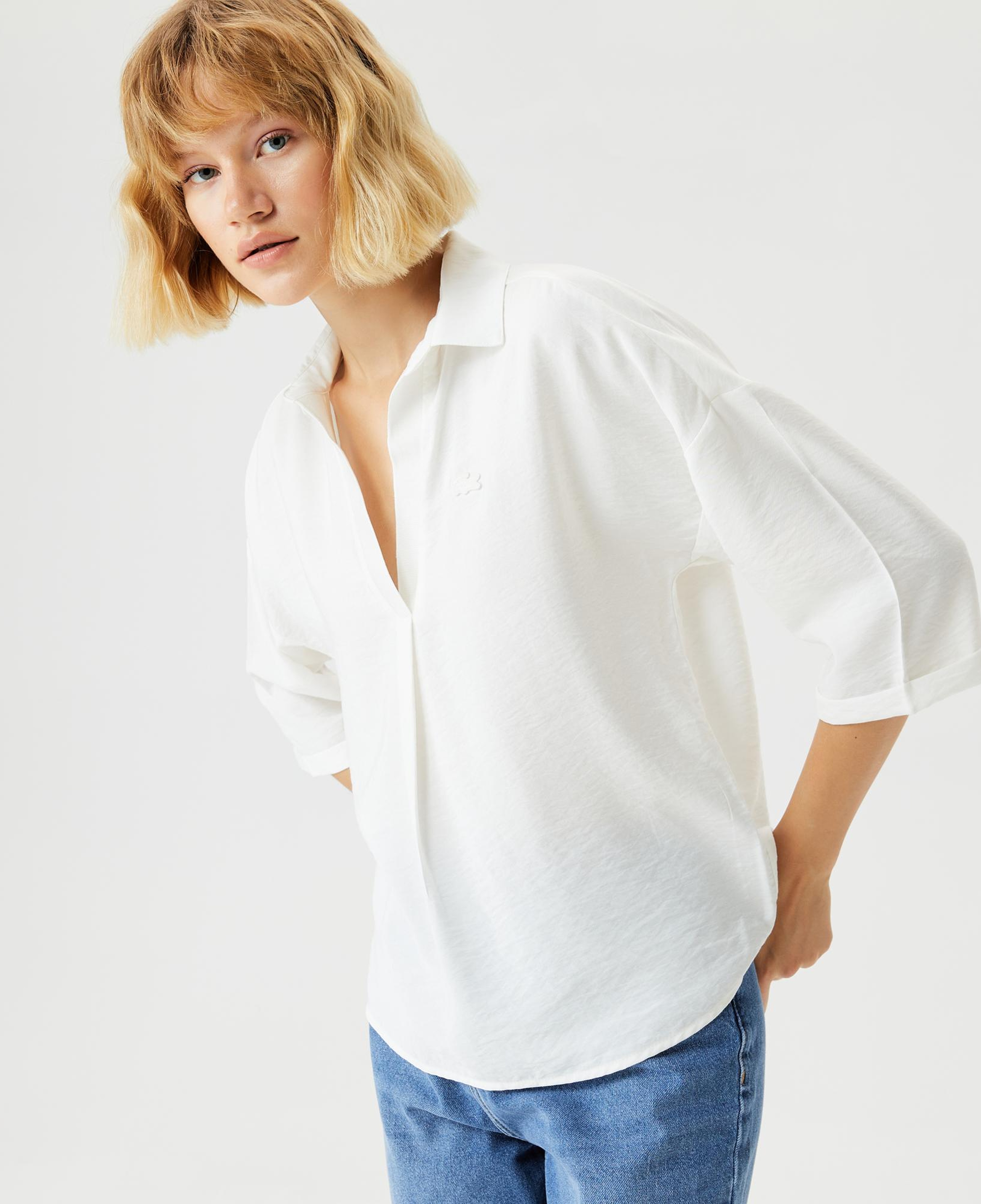 Lacoste Kadın Regular Fit Truvakar Kollu V Yaka Beyaz Bluz