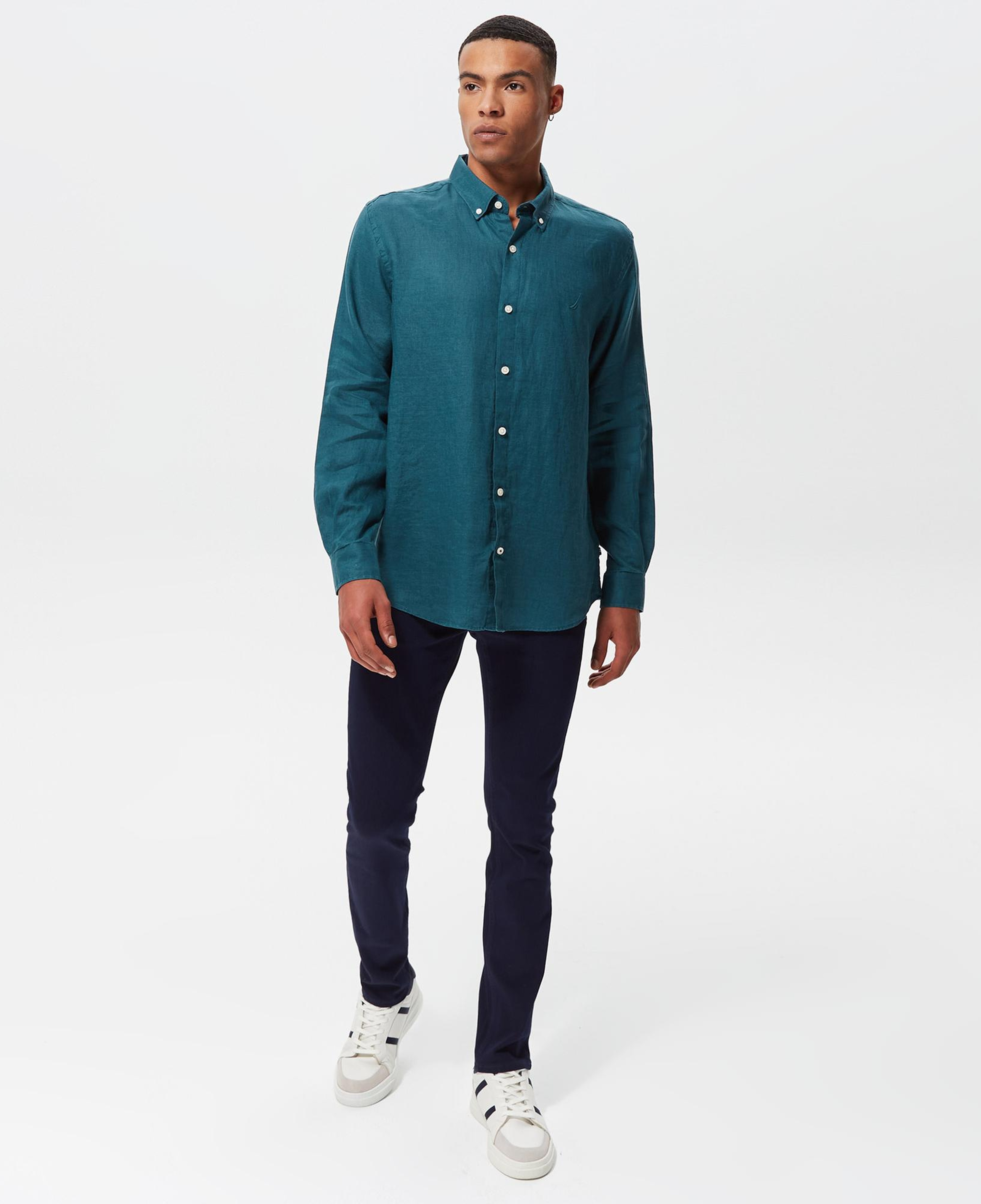 Nautica Erkek Yeşil Classic Fit Uzun Kollu Keten Gömlek