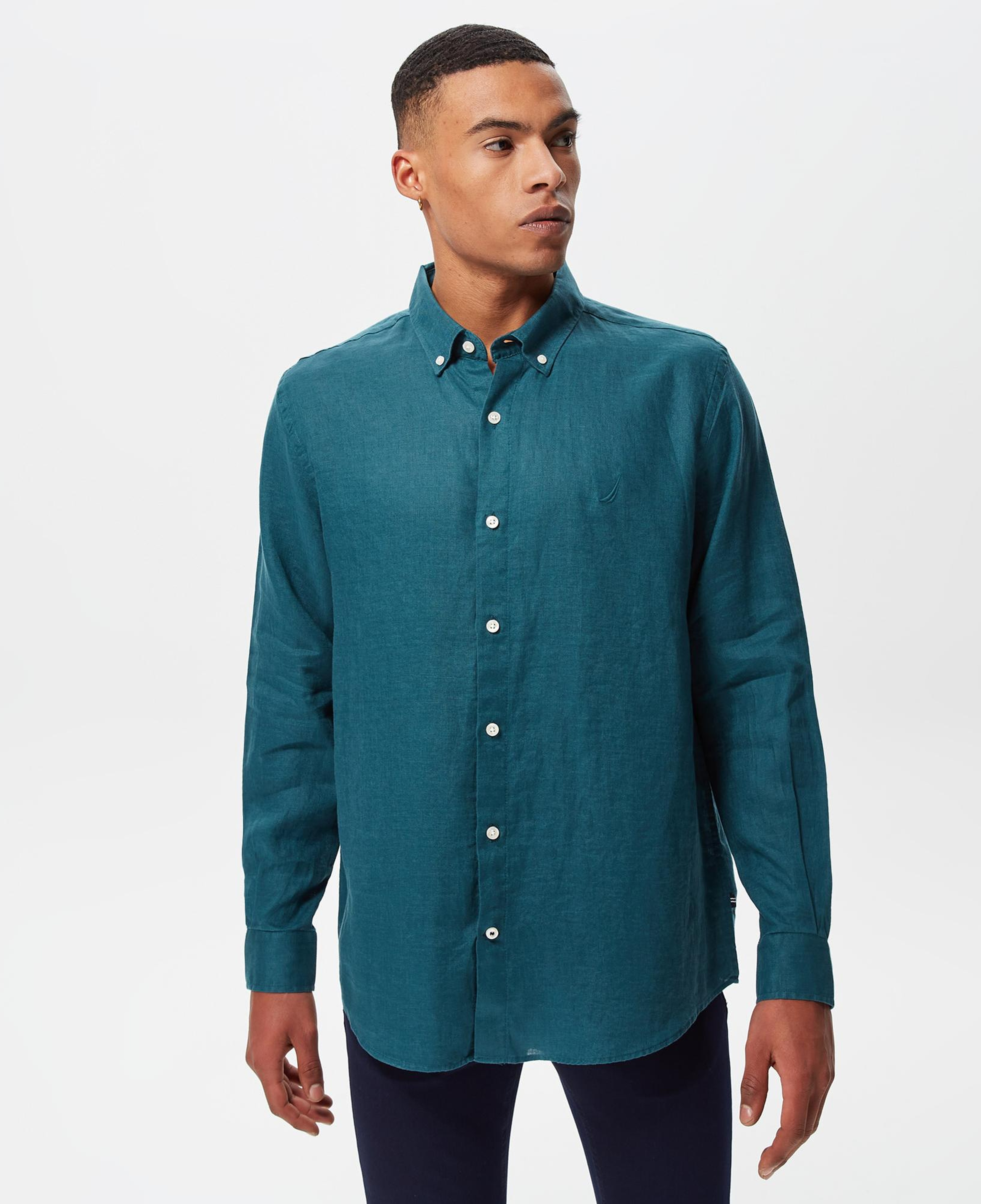 Nautica Erkek Yeşil Classic Fit Uzun Kollu Keten Gömlek