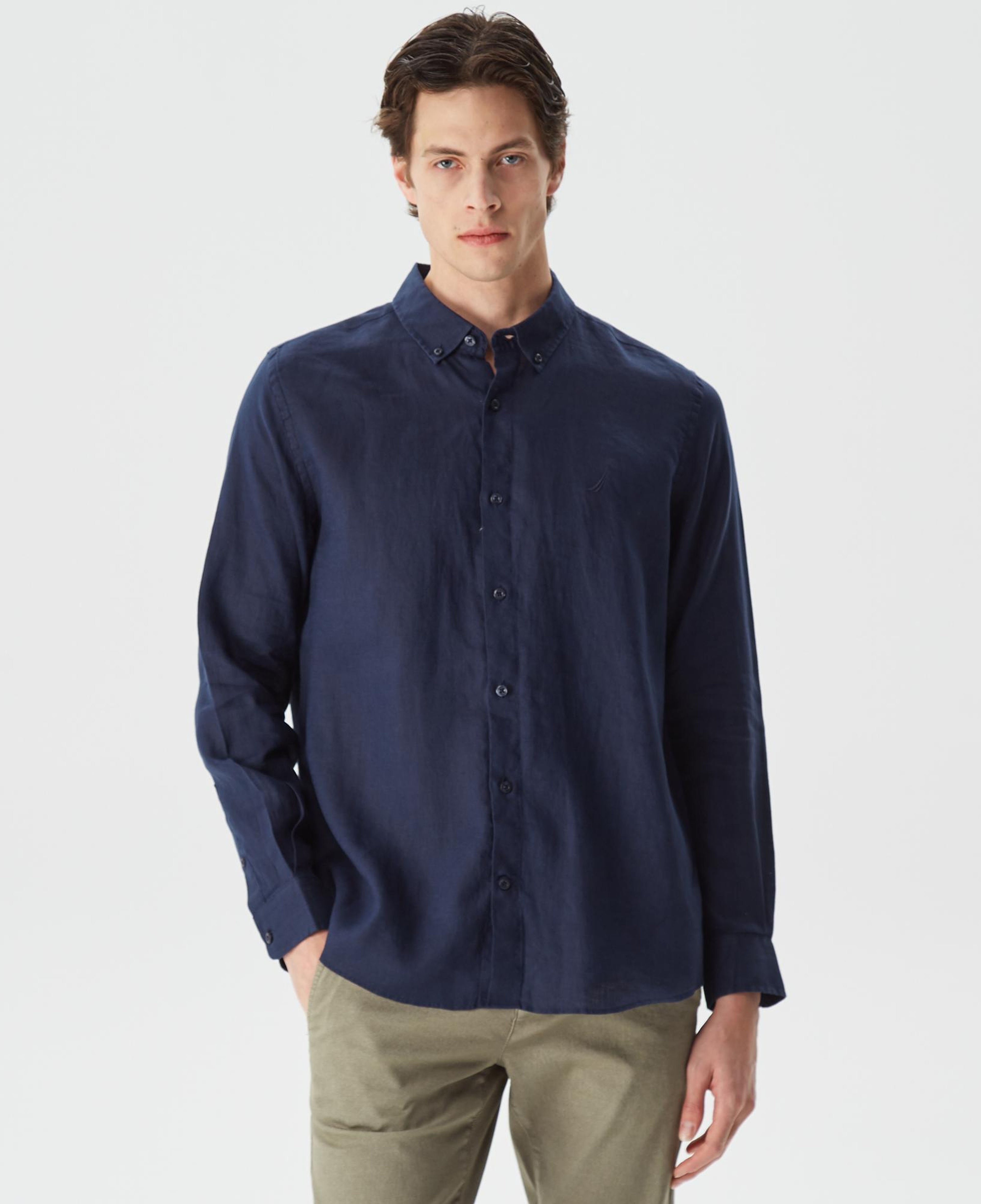 Nautica Erkek Lacivert Classic Fit Uzun Kollu Keten Gömlek