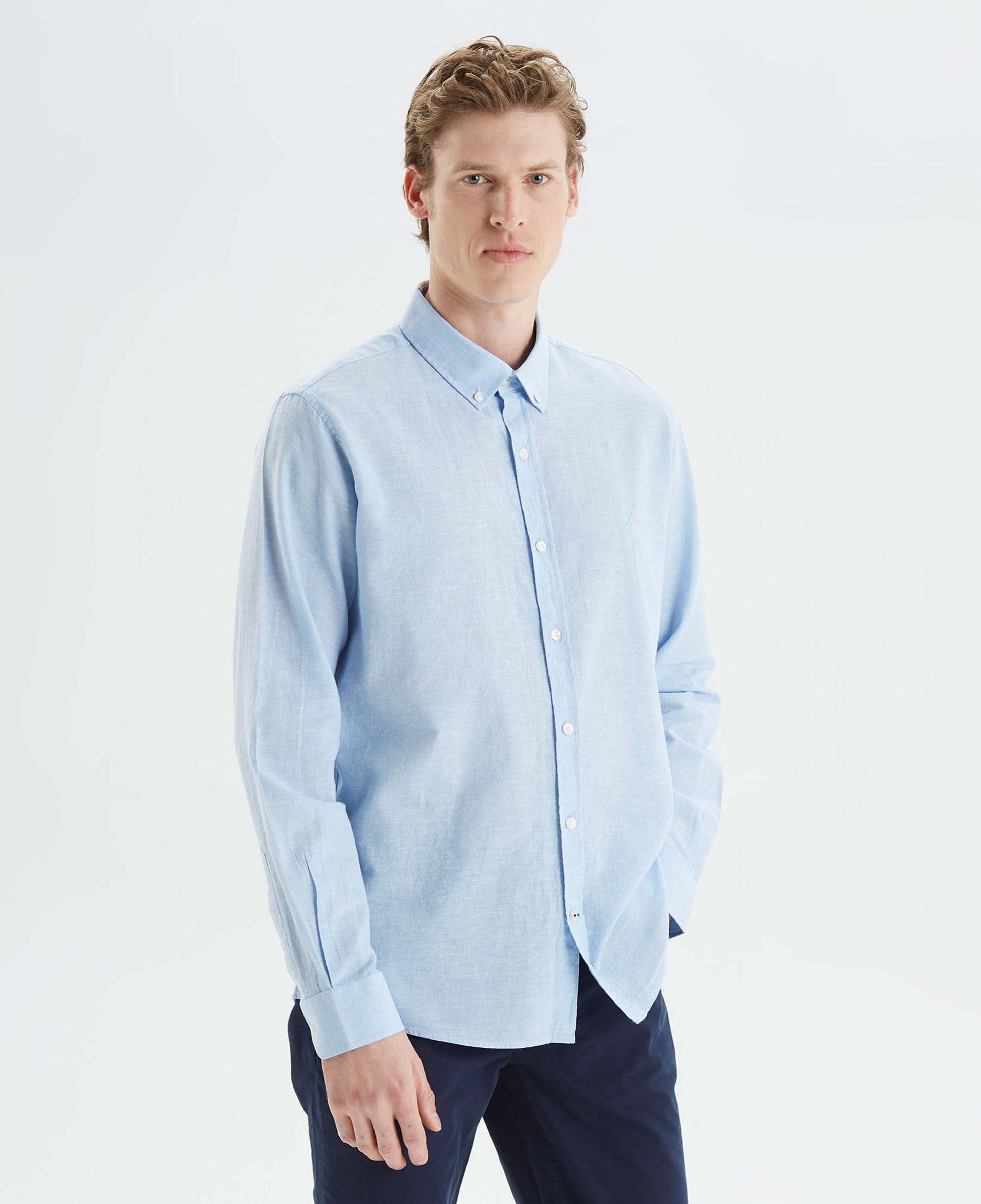 Nautica Erkek Mavi Slim Fit Uzun Kollu Keten Gömlek