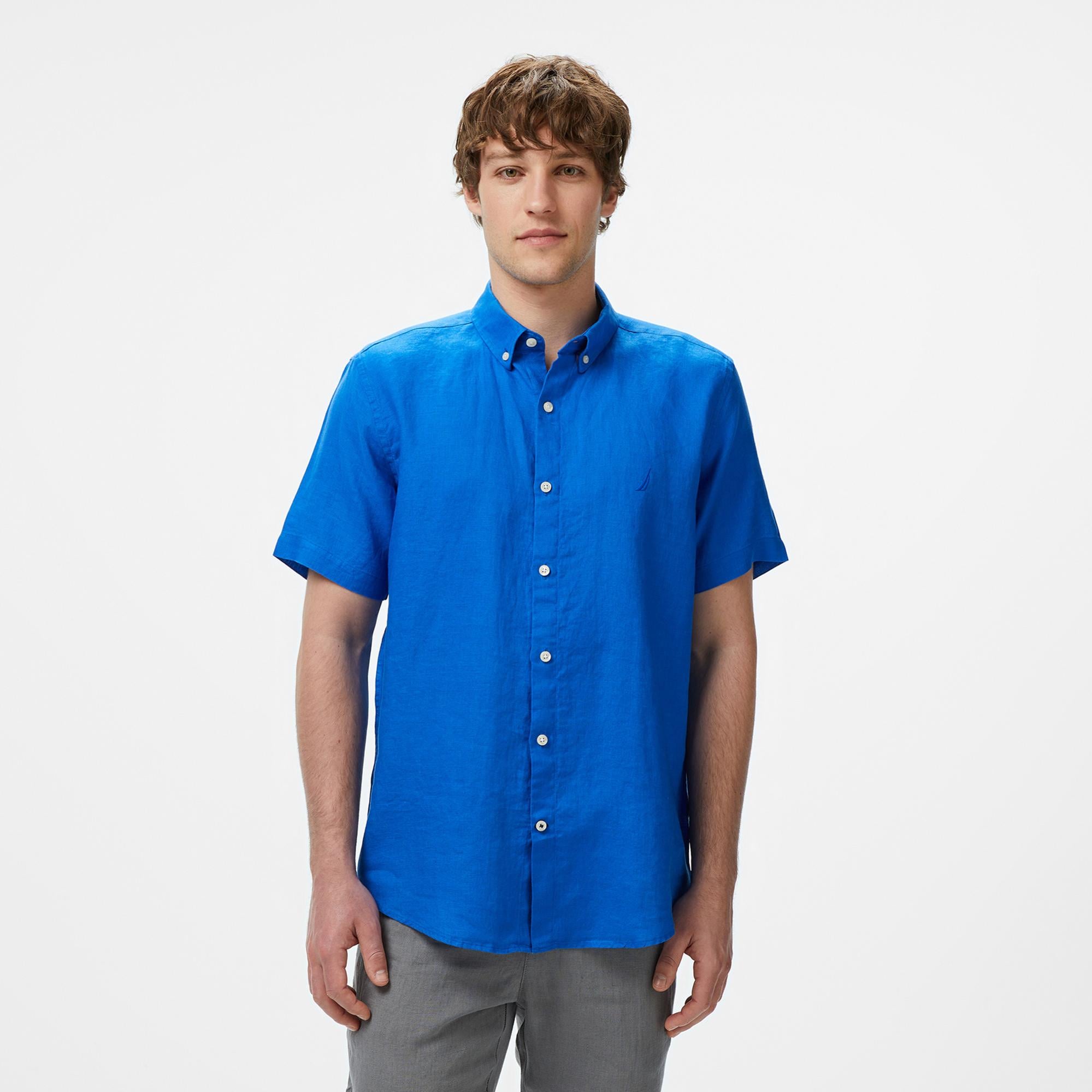 Nautica Erkek Mavi Classic Fit Keten Gömlek