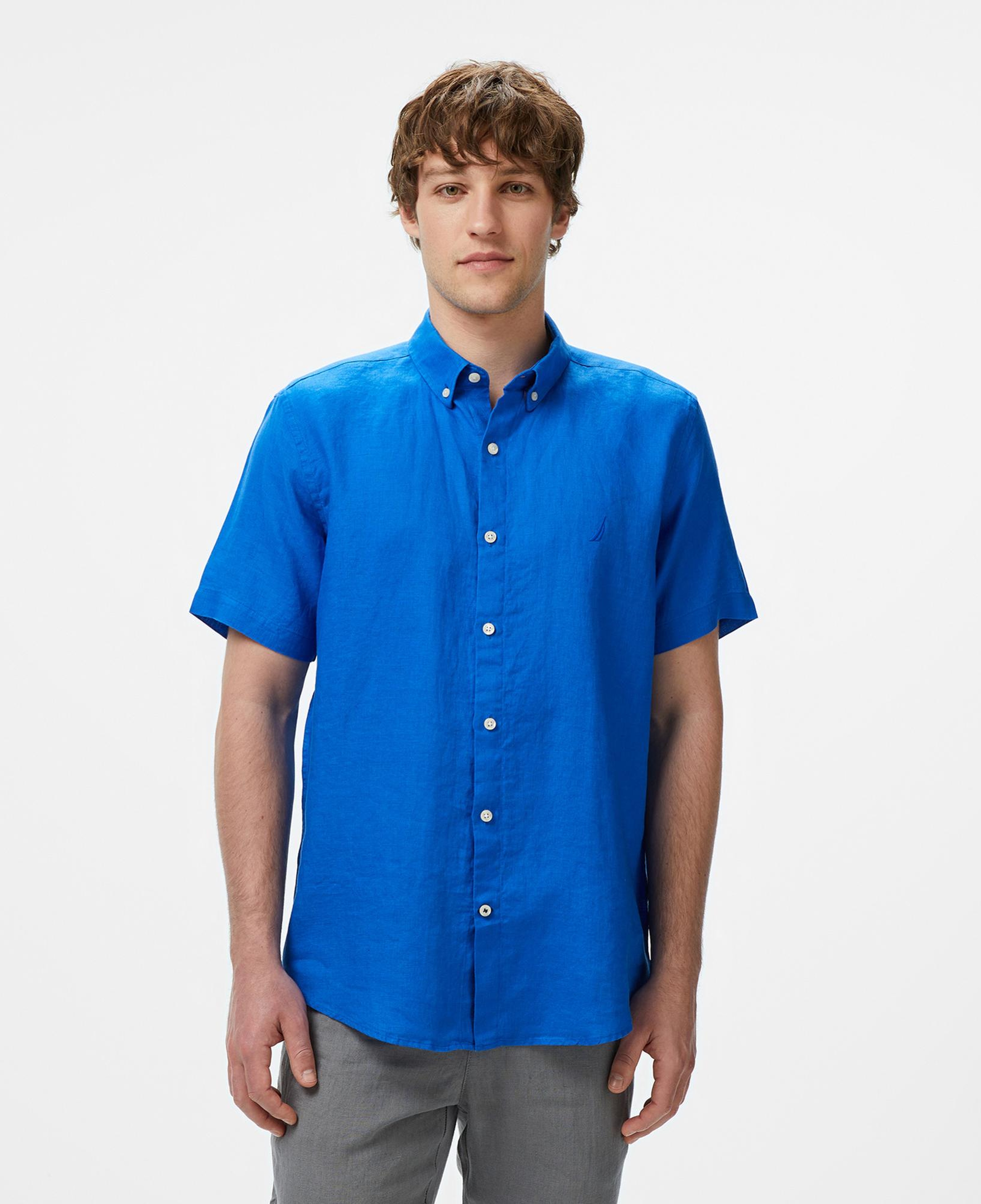 Nautica Erkek Mavi Classic Fit Keten Gömlek