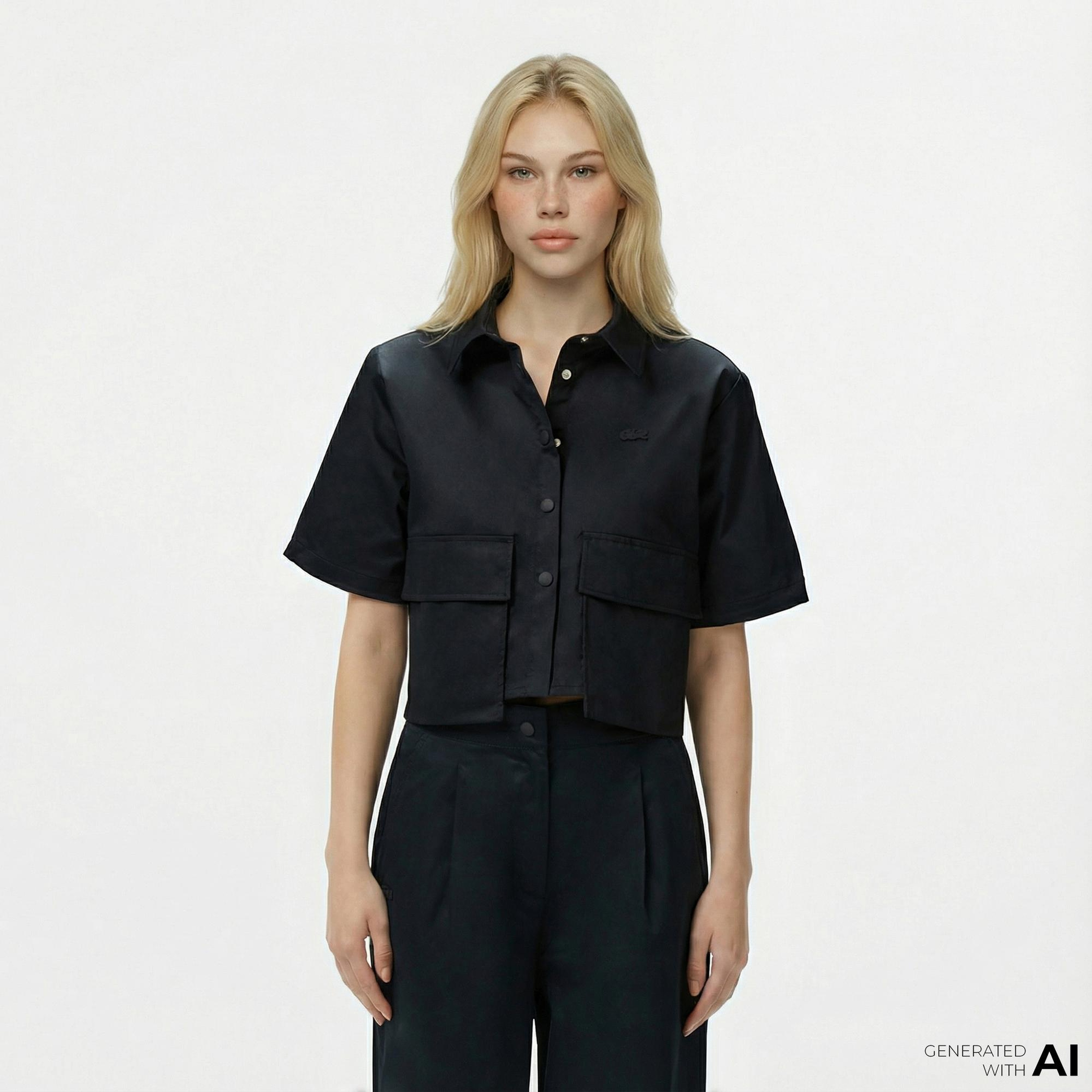 Lacoste Kadın Regular Fit Yarım Kollu Siyah Gömlek