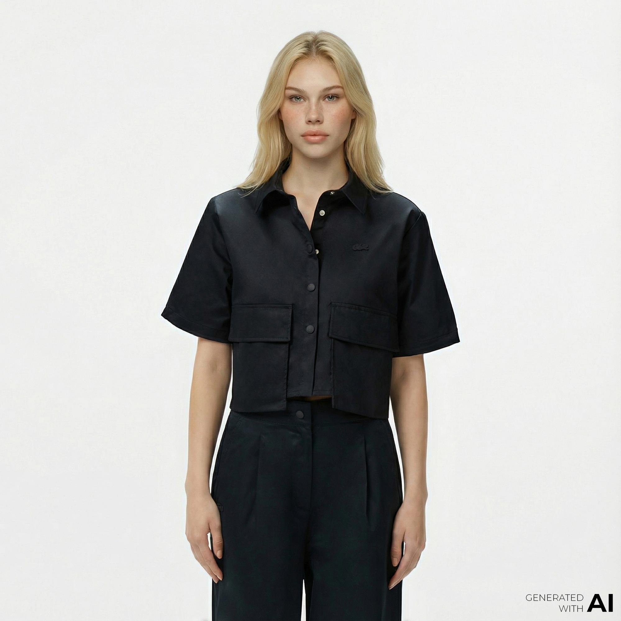 Lacoste Kadın Regular Fit Yarım Kollu Siyah Gömlek