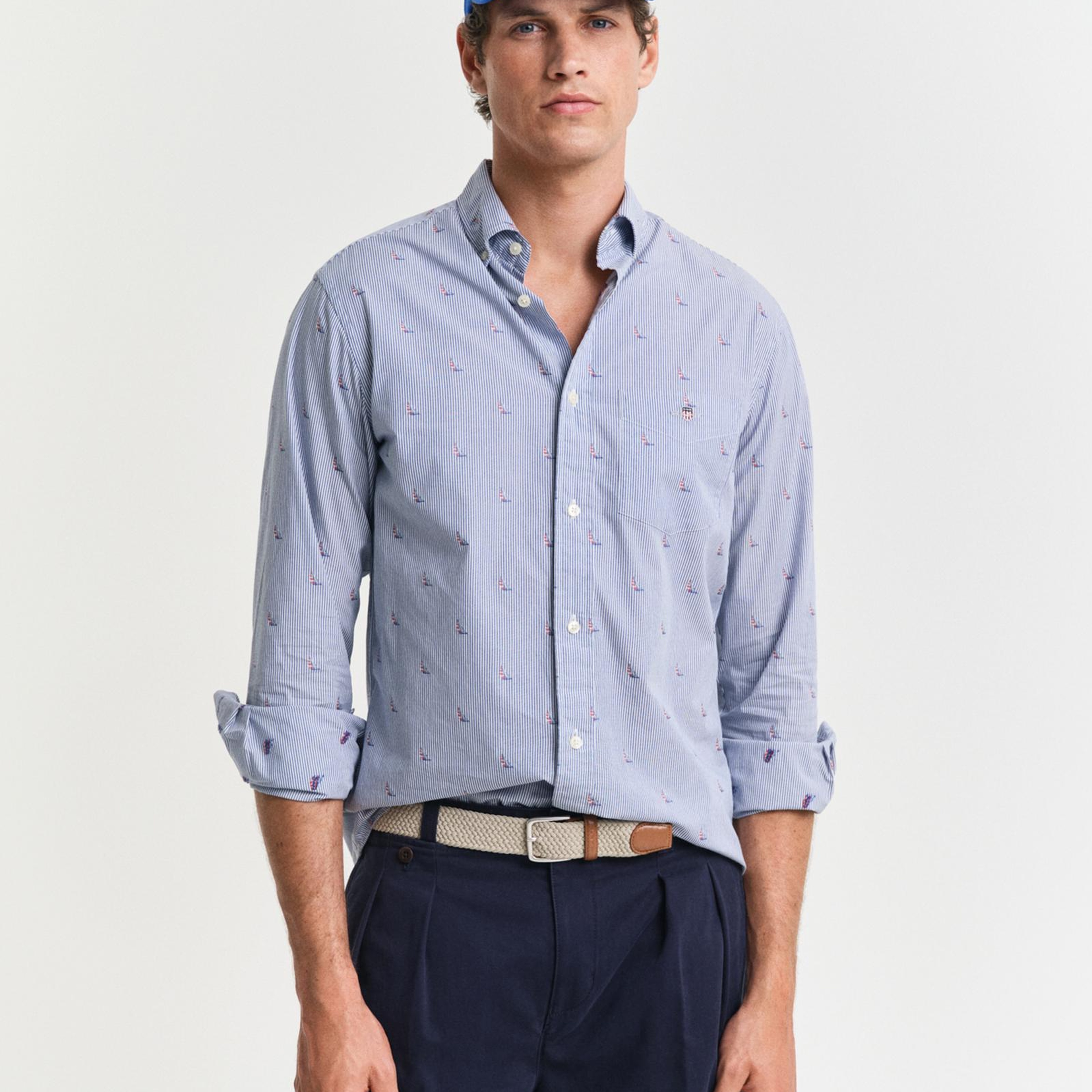 GANT Erkek Mavi Regular Fit Düğmeli Yaka Çizgili Gömlek