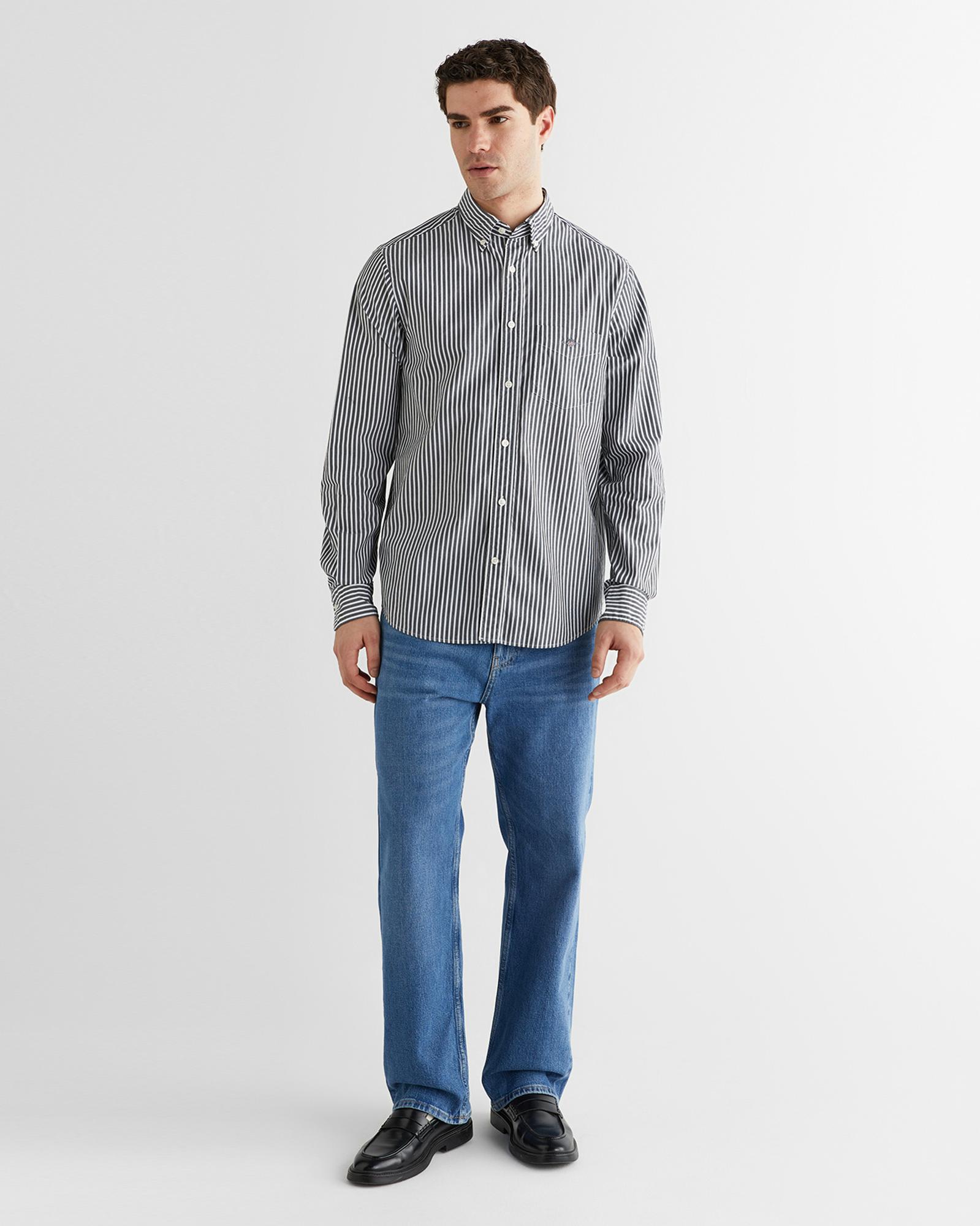 GANT Erkek Siyah Regular Fit Düğmeli Yaka Çizgili Poplin Gömlek