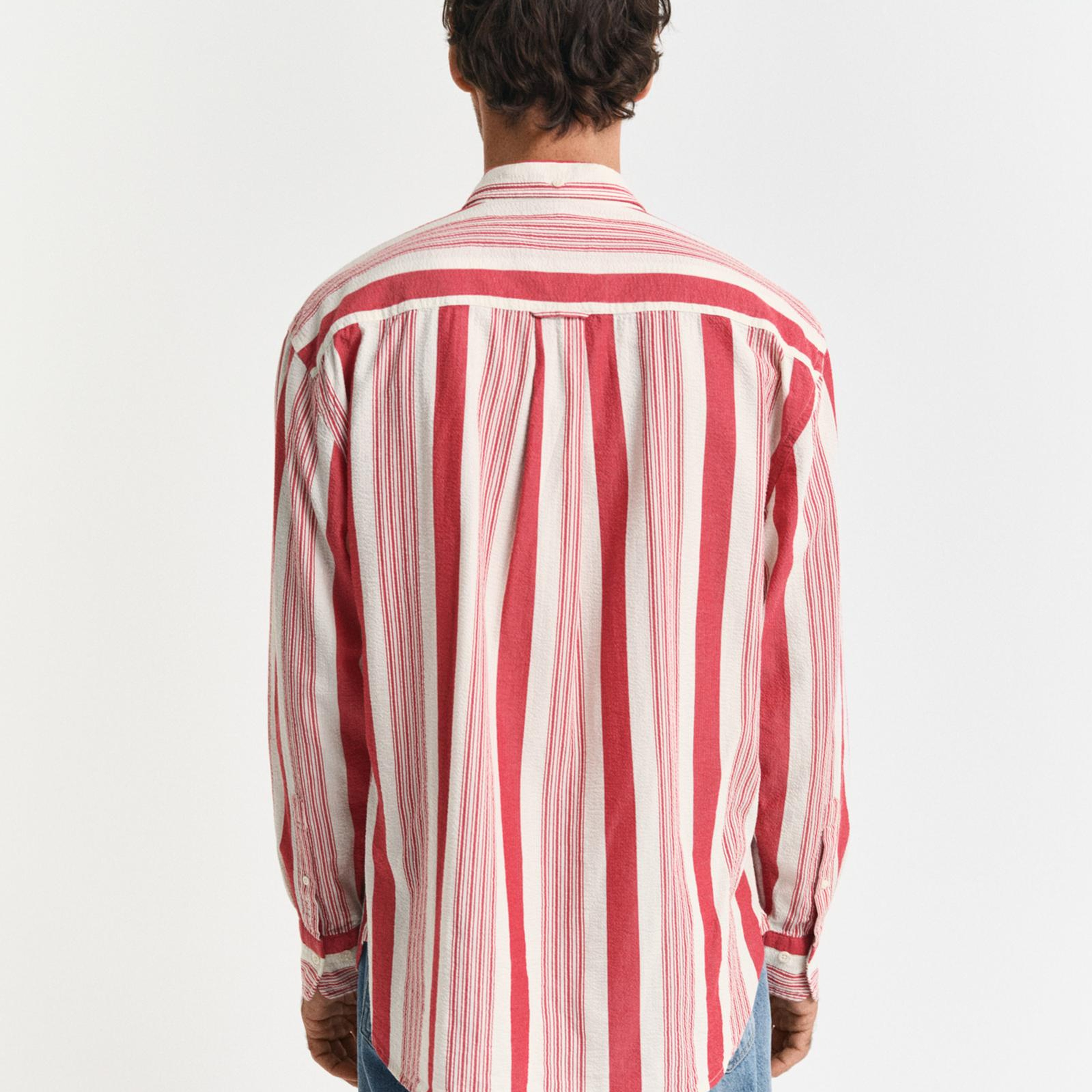 GANT Erkek Kırmızı Relaxed Fit Düğmeli Yaka Çizgili Gömlek