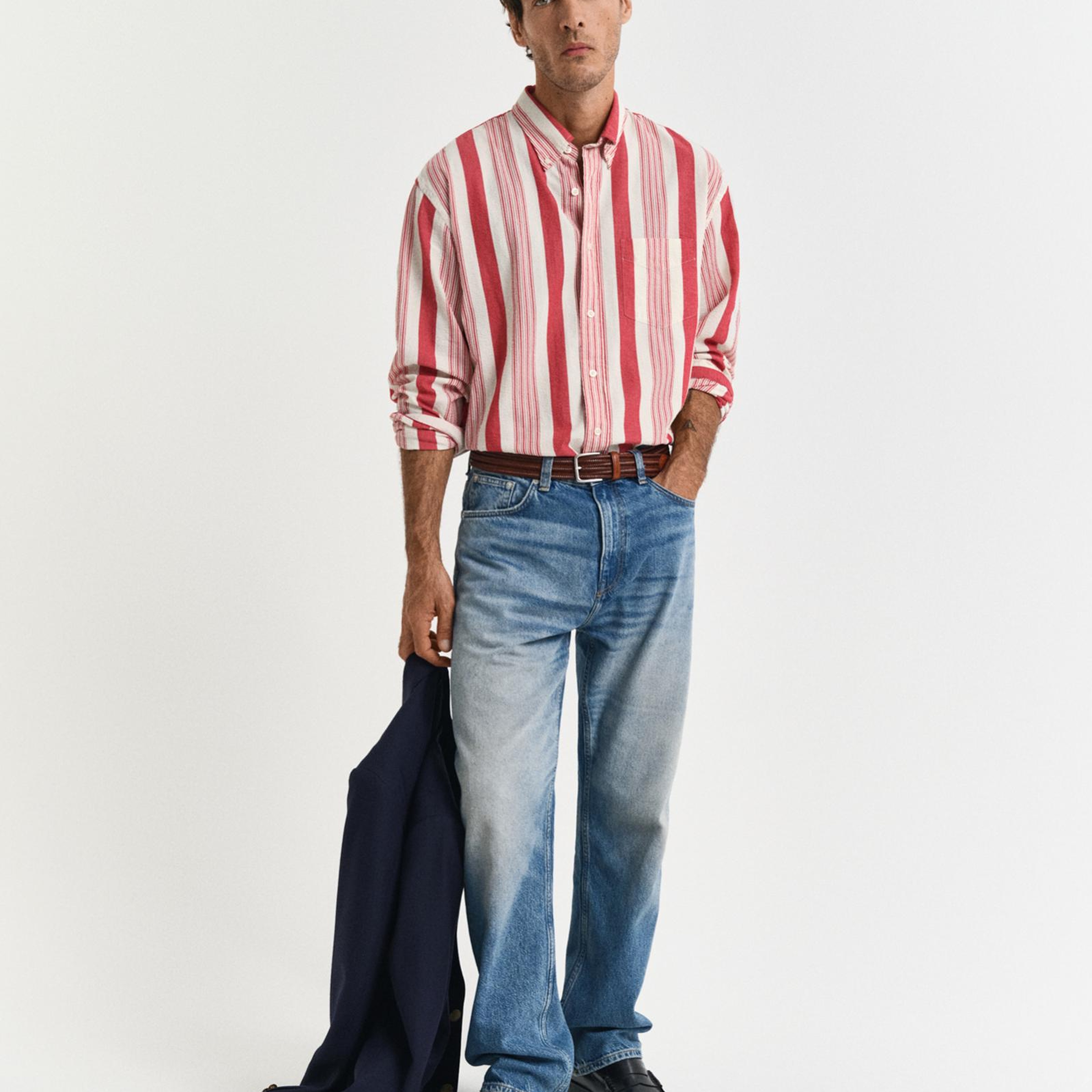 GANT Erkek Kırmızı Relaxed Fit Düğmeli Yaka Çizgili Gömlek