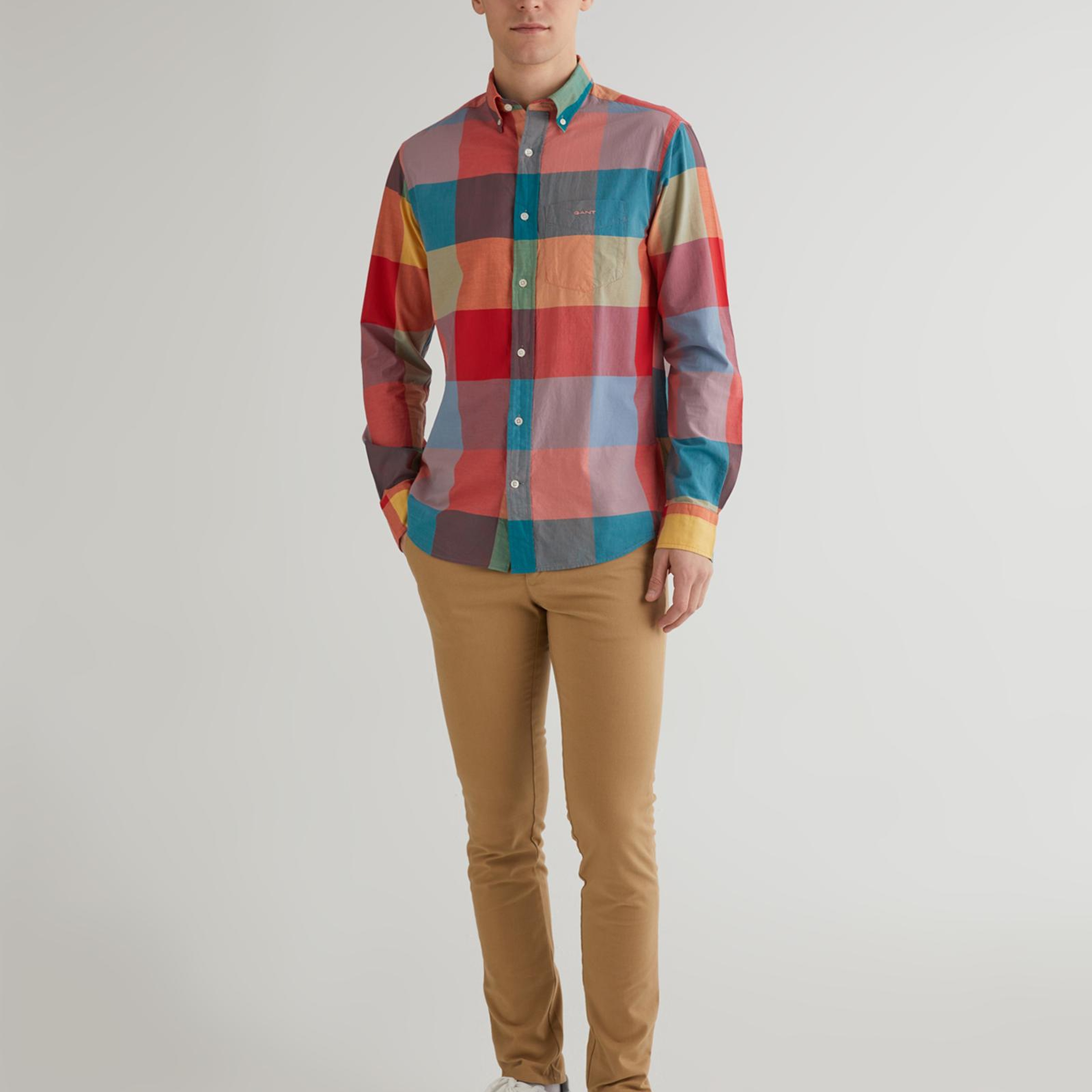 GANT Erkek Turuncu Regular Fit Düğmeli Yaka Kareli Gömlek