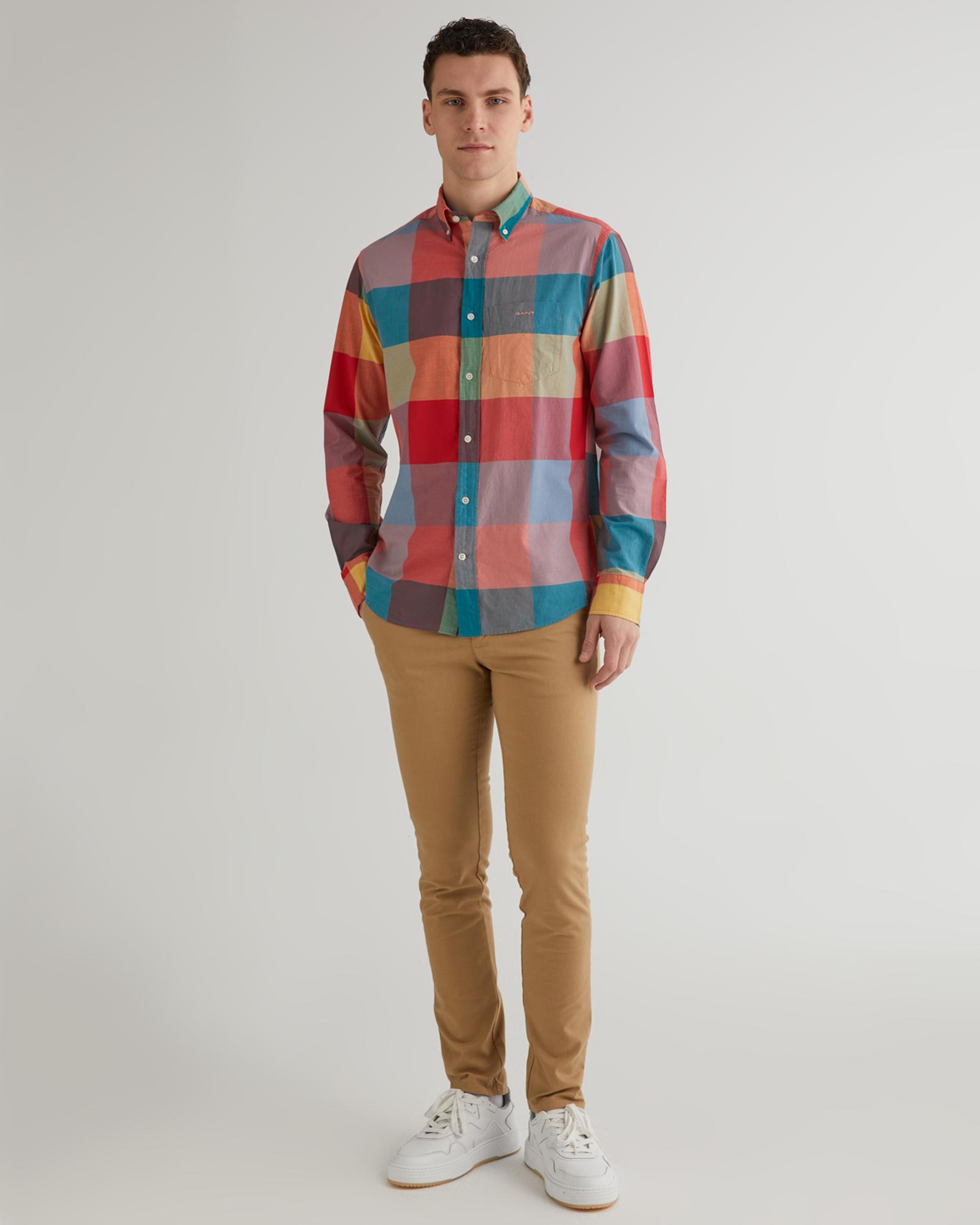 GANT Erkek Turuncu Regular Fit Düğmeli Yaka Kareli Gömlek