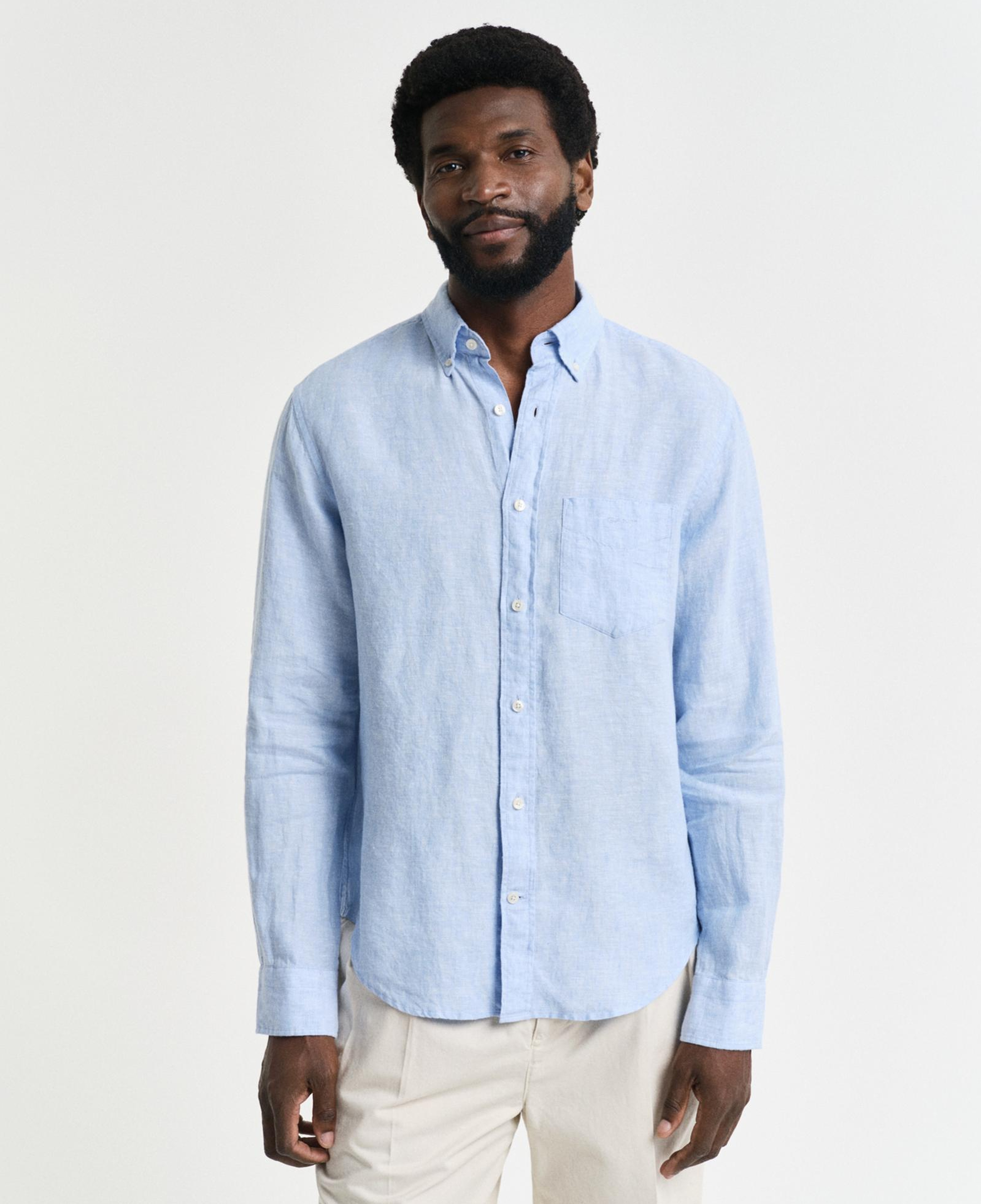 GANT Erkek Mavi Regular Fit Düğmeli Yaka Keten Gömlek