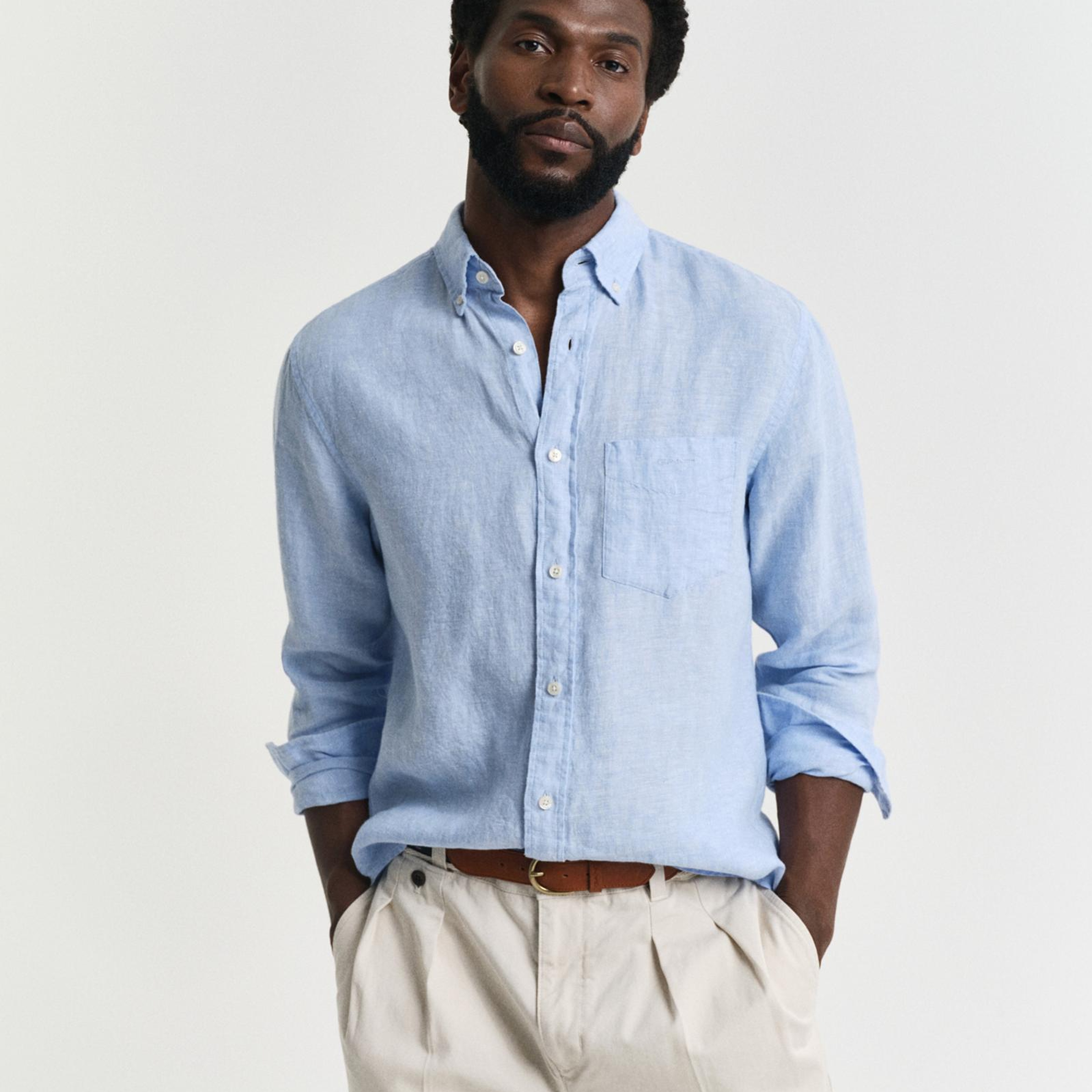 GANT Erkek Mavi Regular Fit Düğmeli Yaka Keten Gömlek