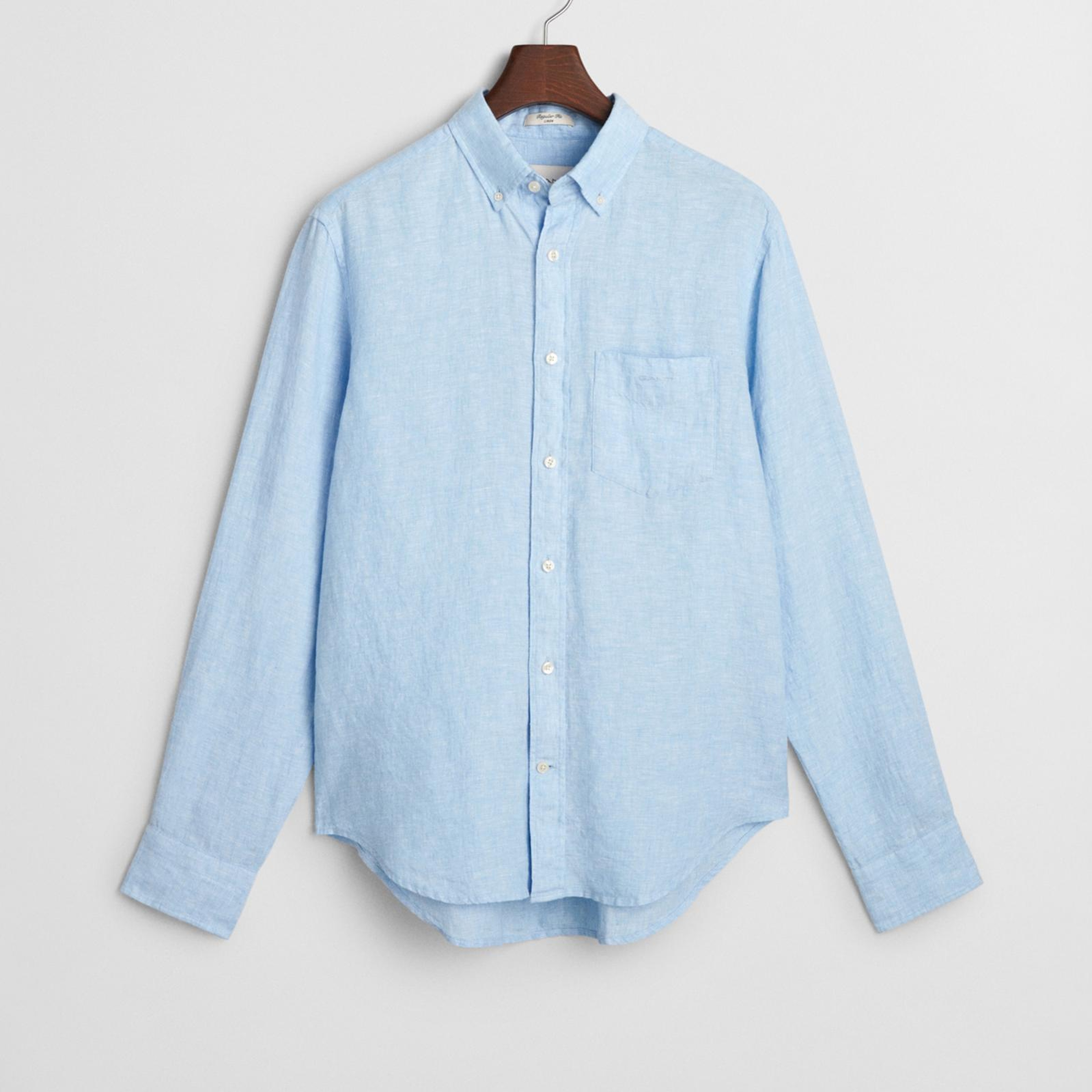 GANT Erkek Mavi Regular Fit Düğmeli Yaka Keten Gömlek