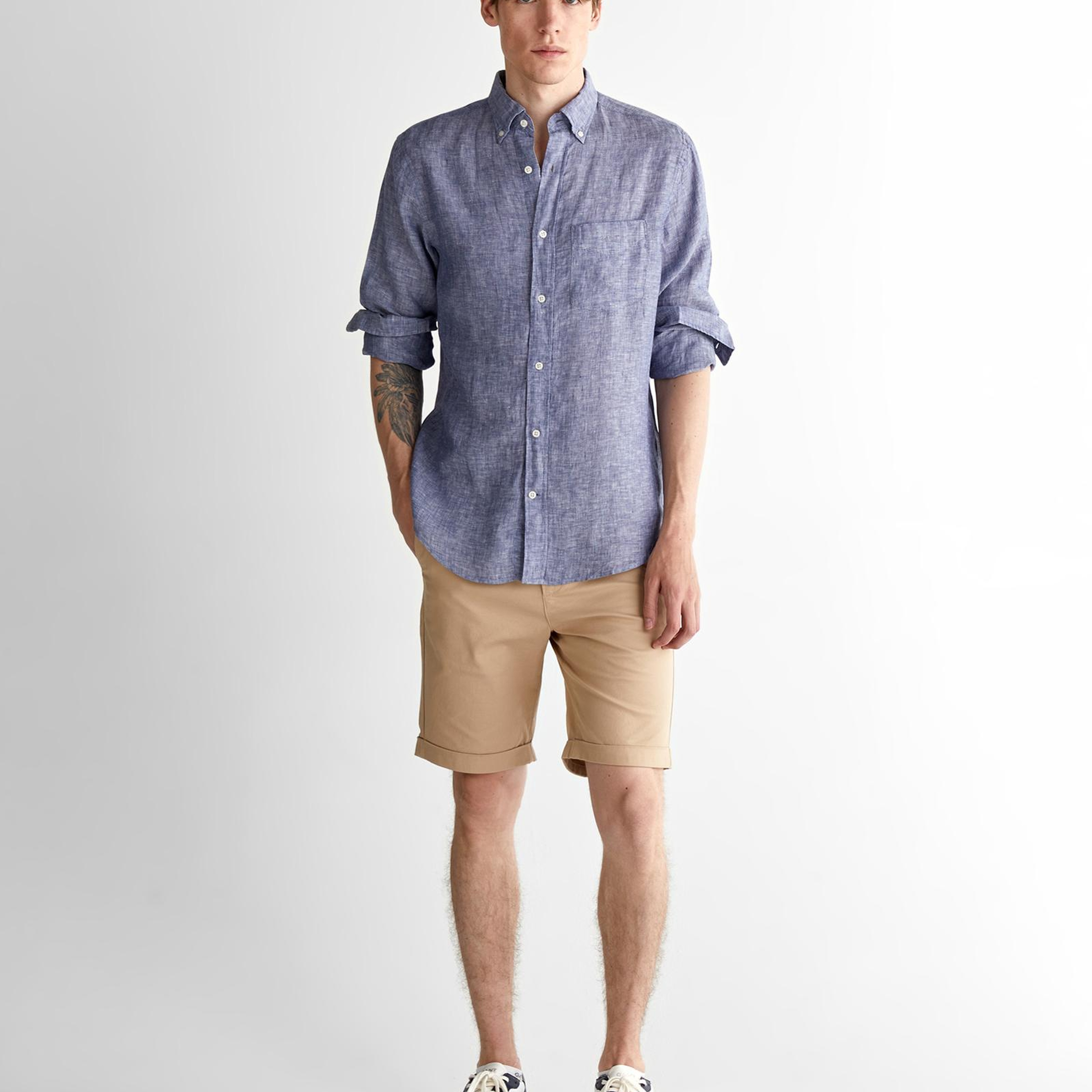 GANT Erkek Mavi Regular Fit Düğmeli Yaka Keten Gömlek
