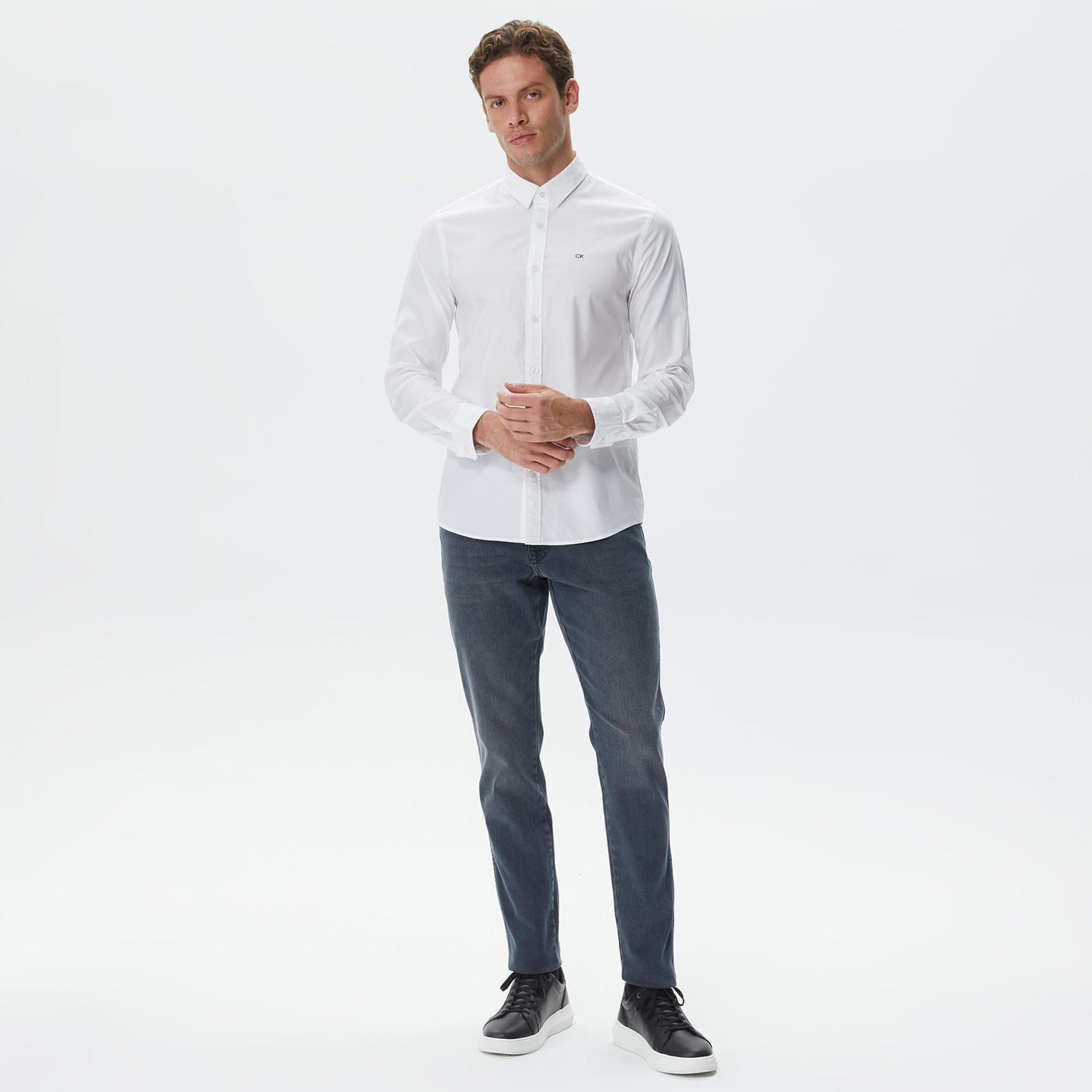 Calvin Klein Stretch Poplin Slim Erkek Beyaz Gömlek