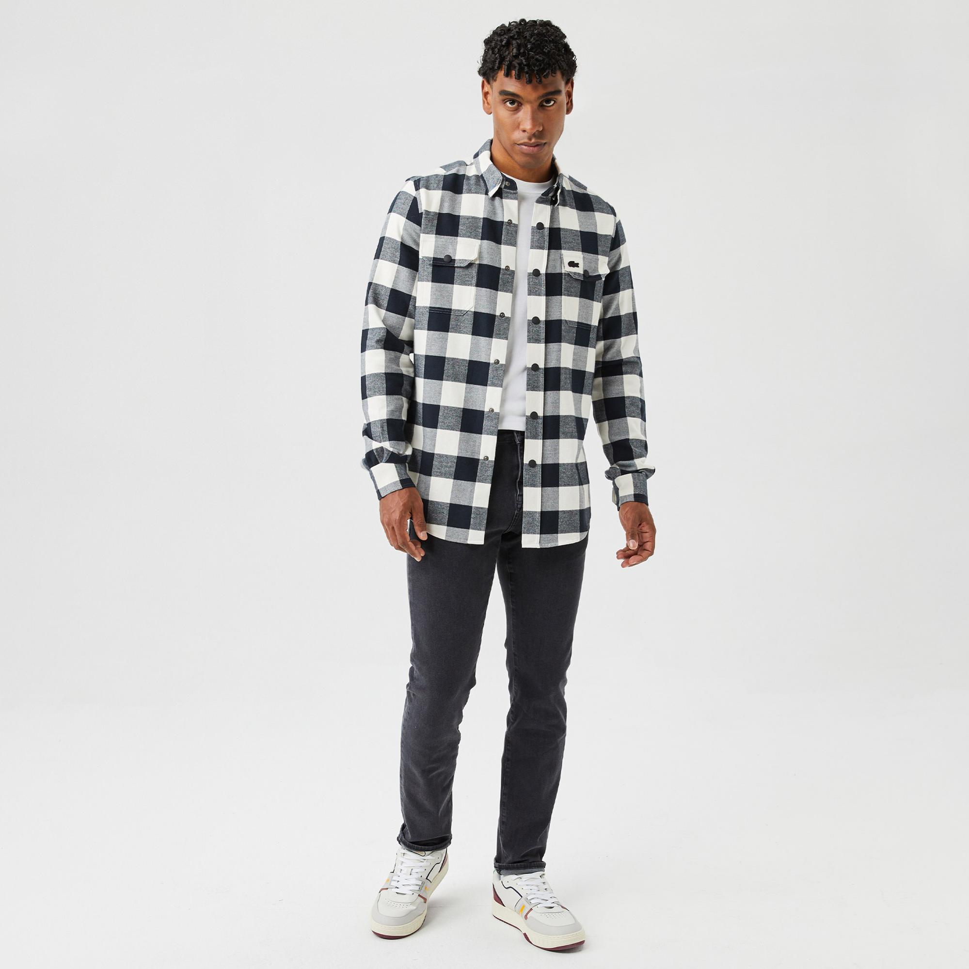 Erkek Slim Fit Ekose Siyah Gömlek