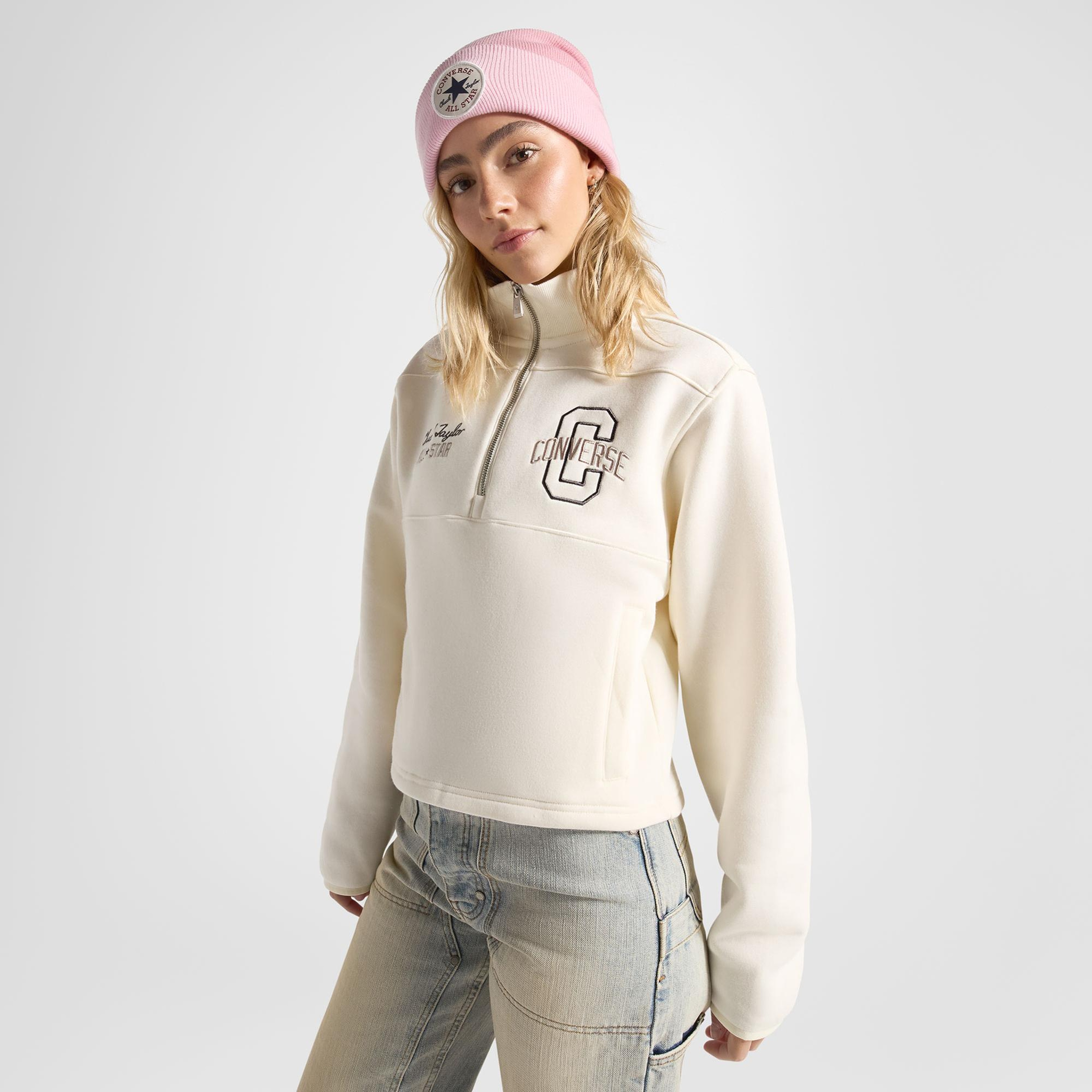 Converse Kadın Yarım Fermuarlı Krem Sweatshirt