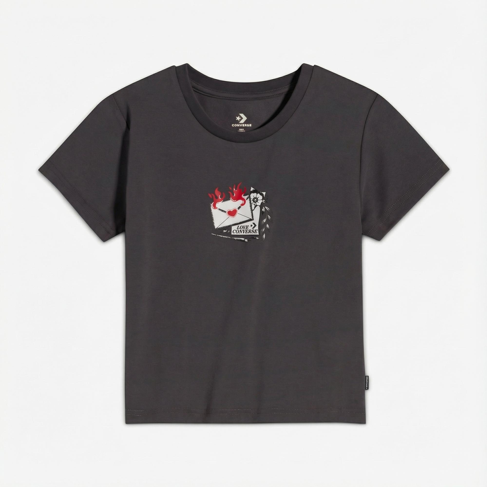 Converse Kadın Slim Fit Baskılı Gri T-Shirt