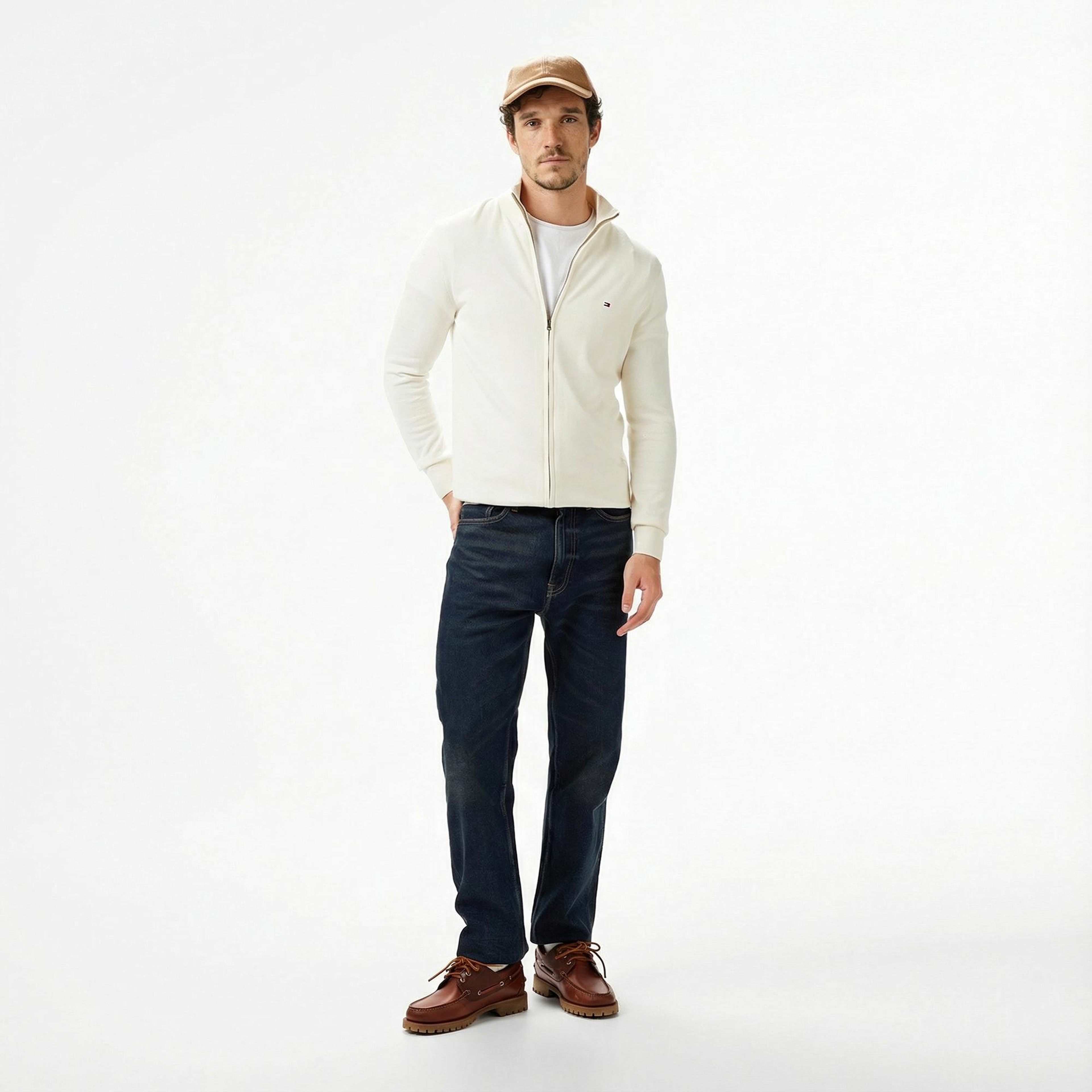 Tommy Hilfiger Essential Zip Erkek Triko Krem Hırka