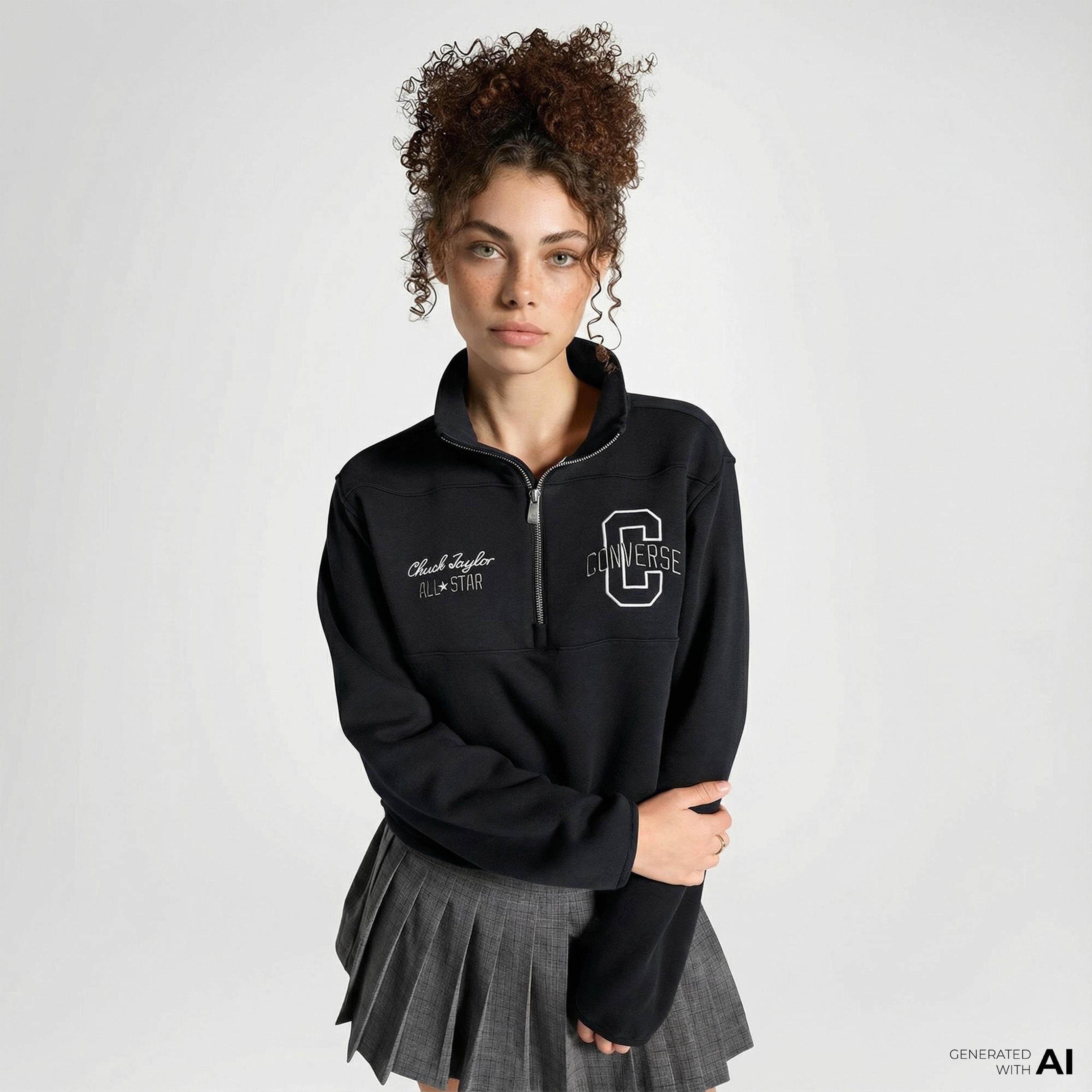 Converse Kadın Yarım Fermuarlı Siyah Sweatshirt