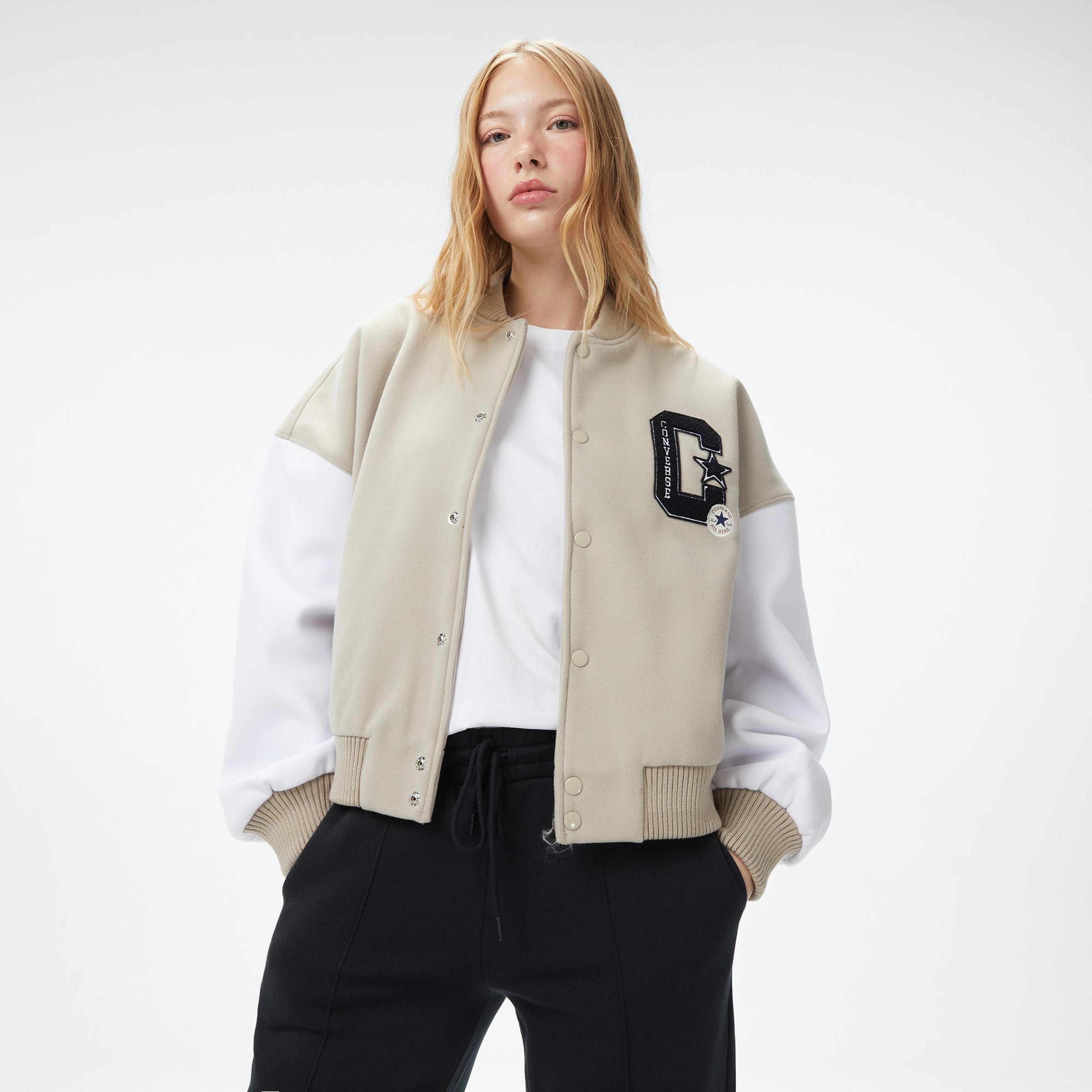 Converse Kadın Dik Yaka Bej Bomber Ceket