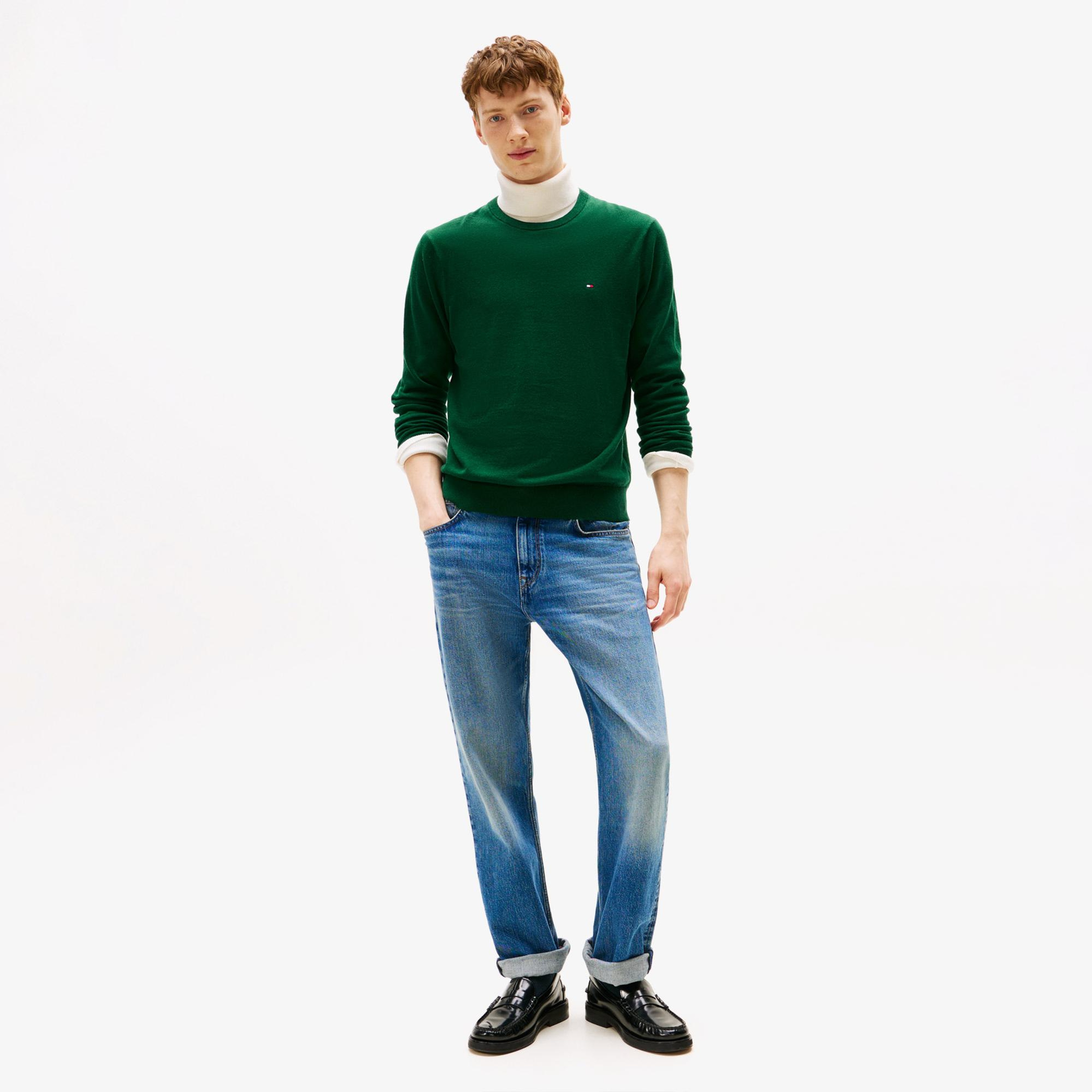 Tommy Hilfiger Essential Cotton Yuvarlak Yaka Erkek Yeşil Kazak