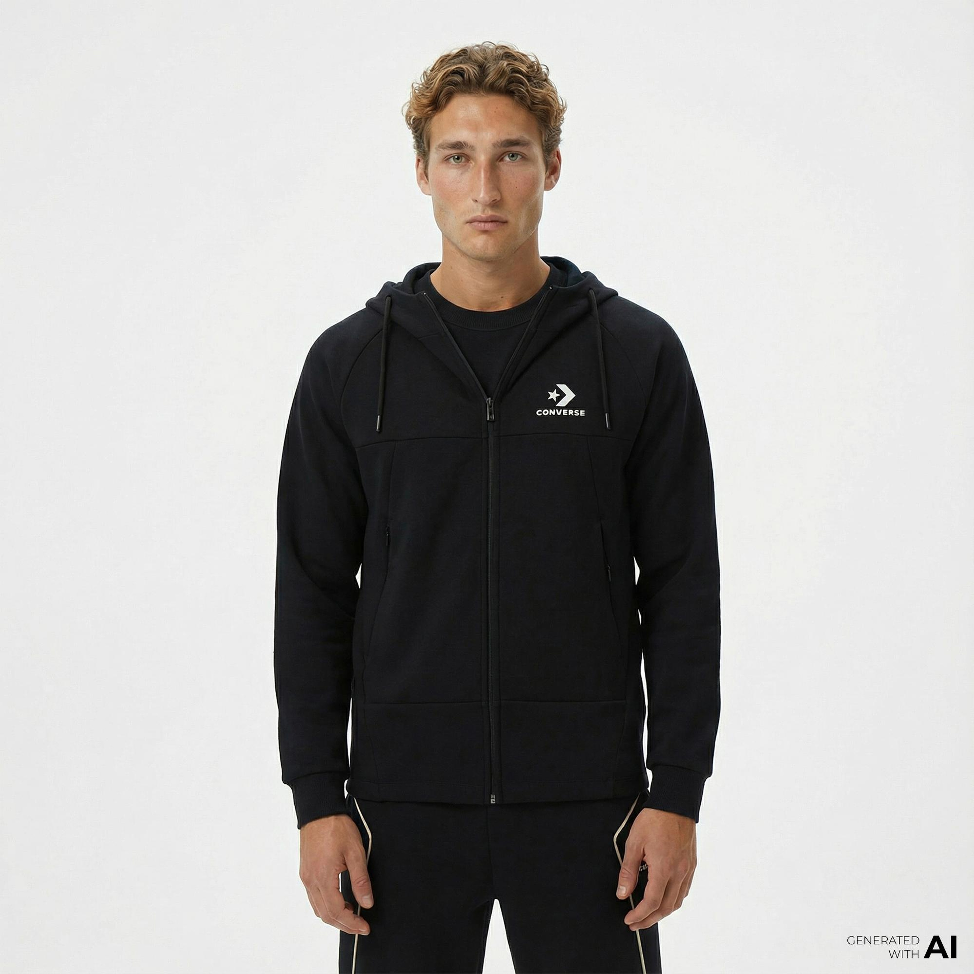 Converse Star Chevron Baskılı Regular Fit Erkek Siyah Hoodie