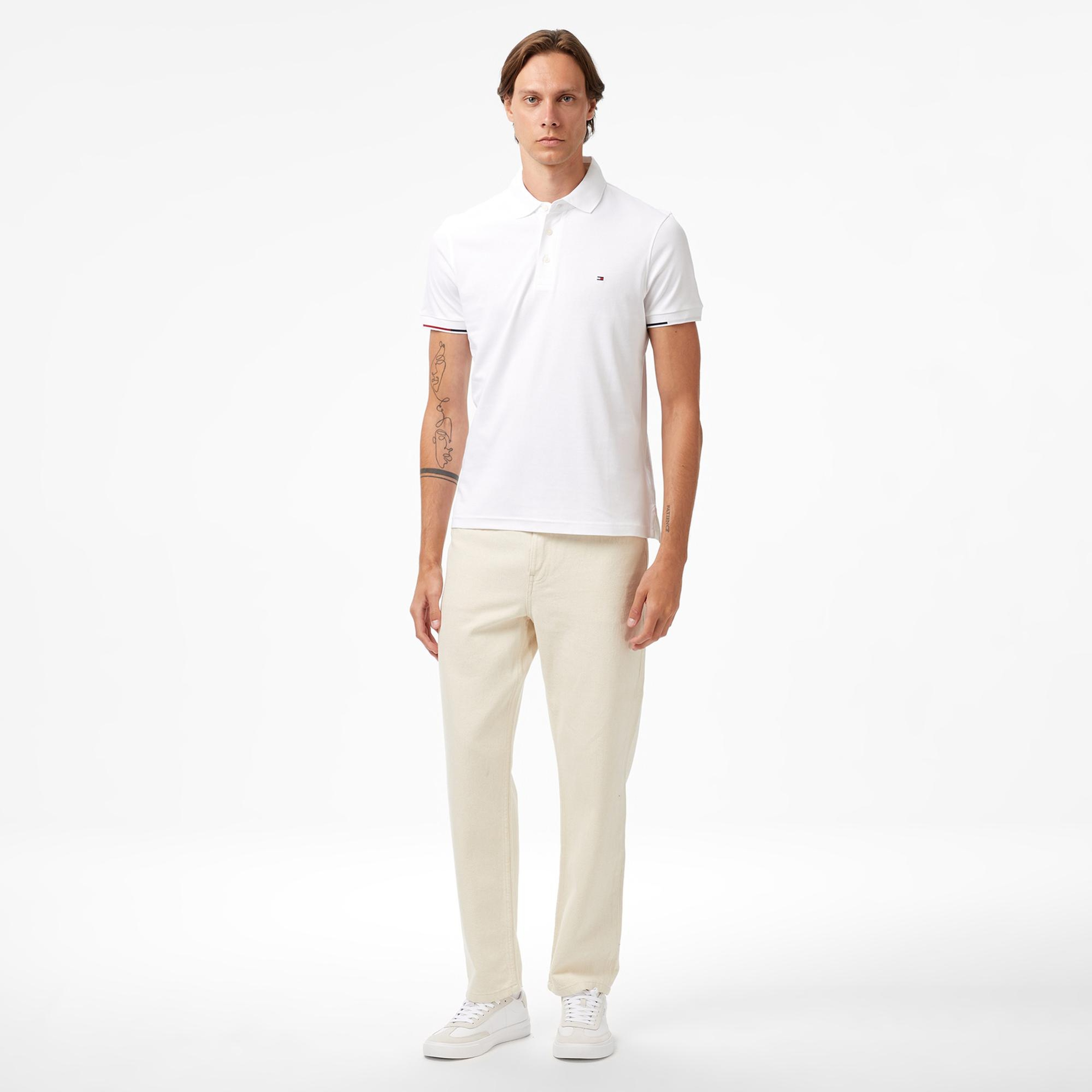 Tommy Hilfiger İnterlock Flagcuff Slim Fit Erkek Beyaz Polo Yaka T-Shirt