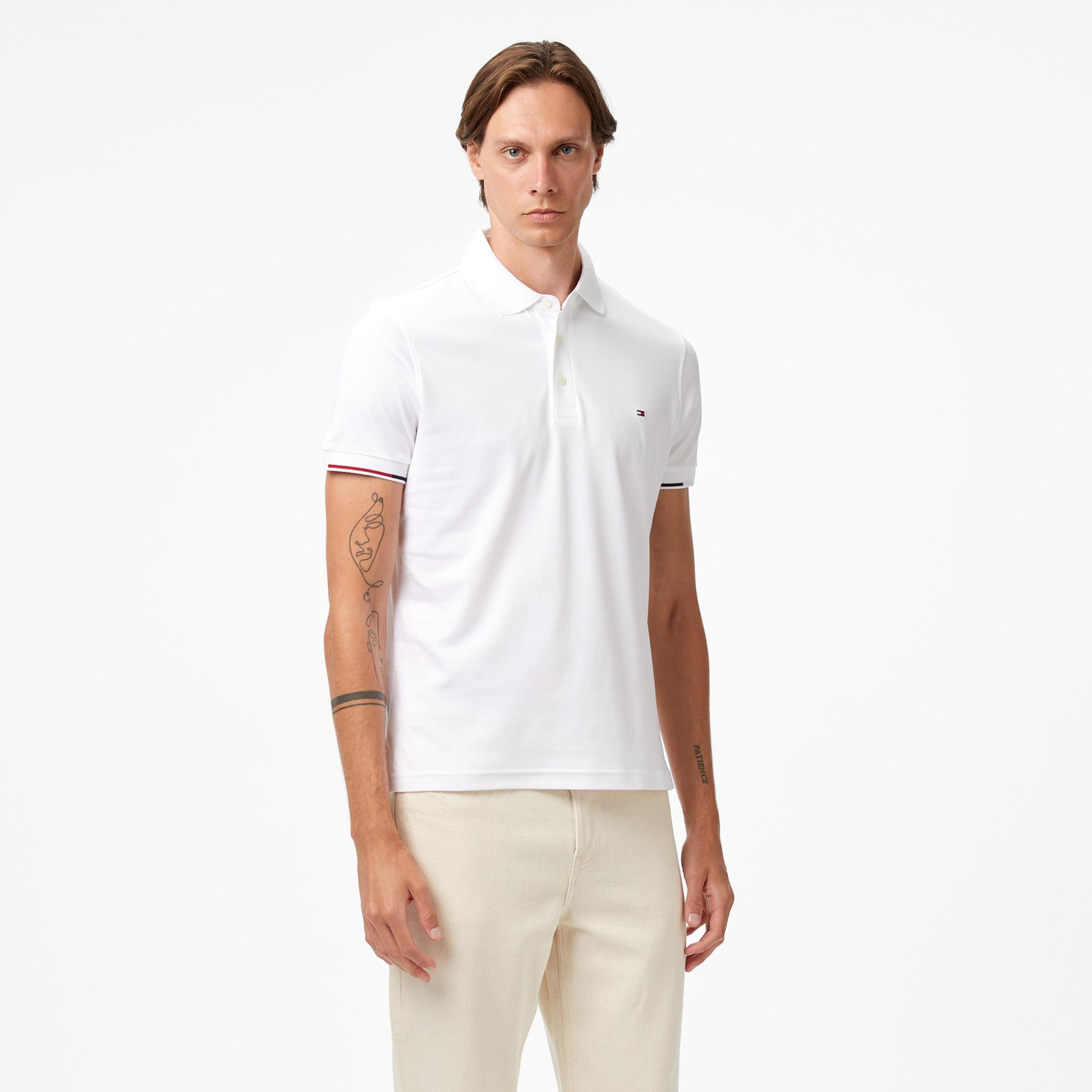 Tommy Hilfiger İnterlock Flagcuff Slim Fit Erkek Beyaz Polo Yaka T-Shirt