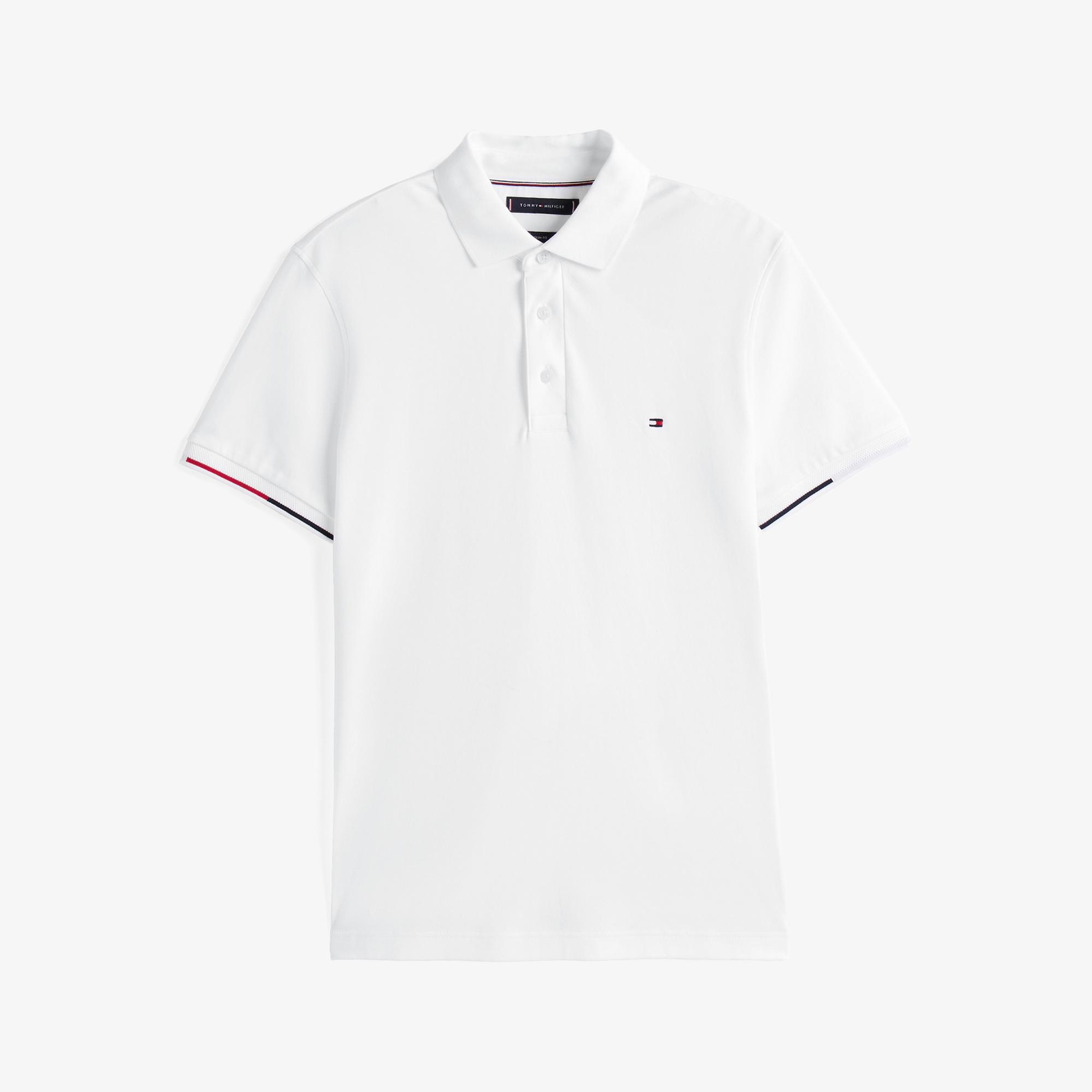 Tommy Hilfiger İnterlock Flagcuff Slim Fit Erkek Beyaz Polo Yaka T-Shirt