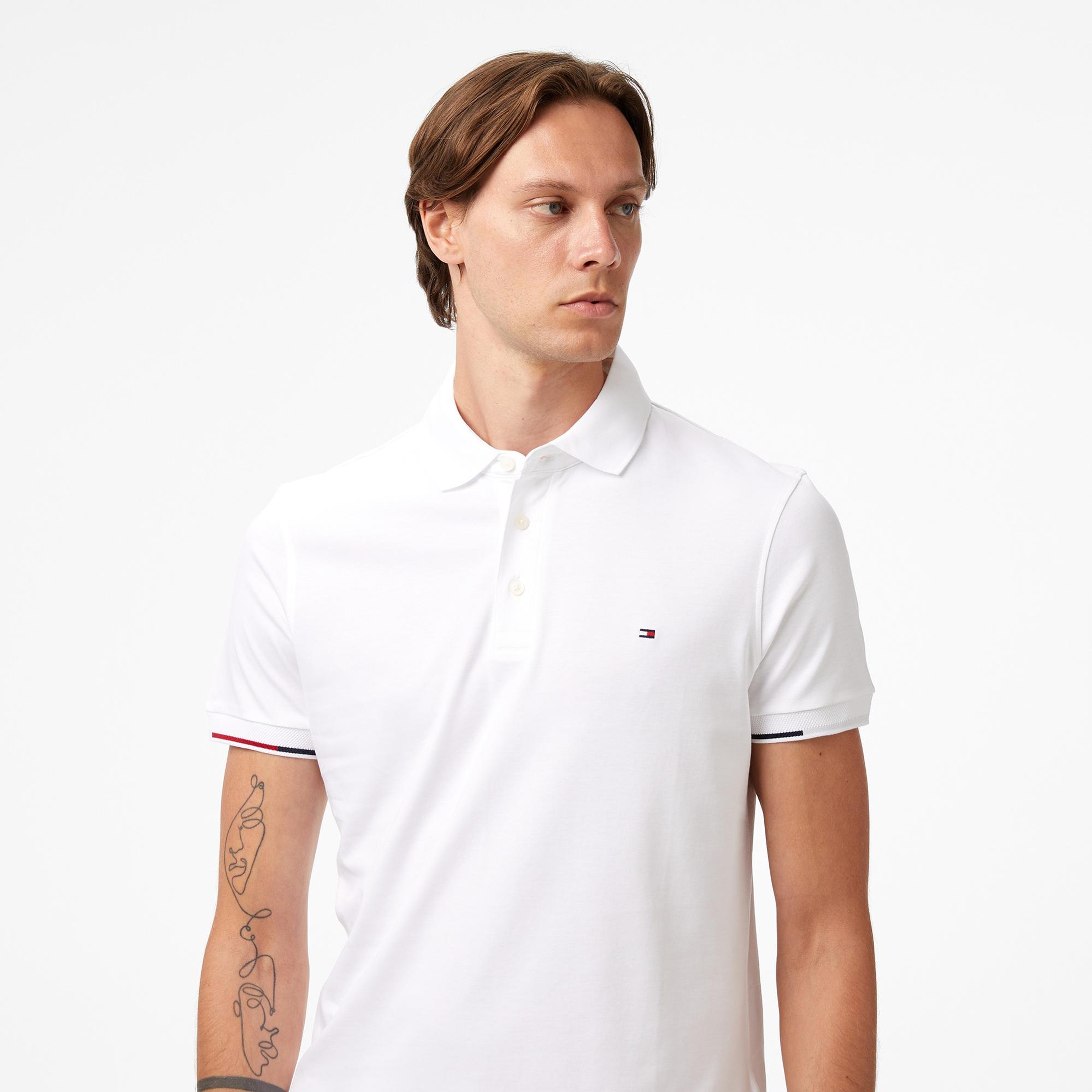 Tommy Hilfiger İnterlock Flagcuff Slim Fit Erkek Beyaz Polo Yaka T-Shirt
