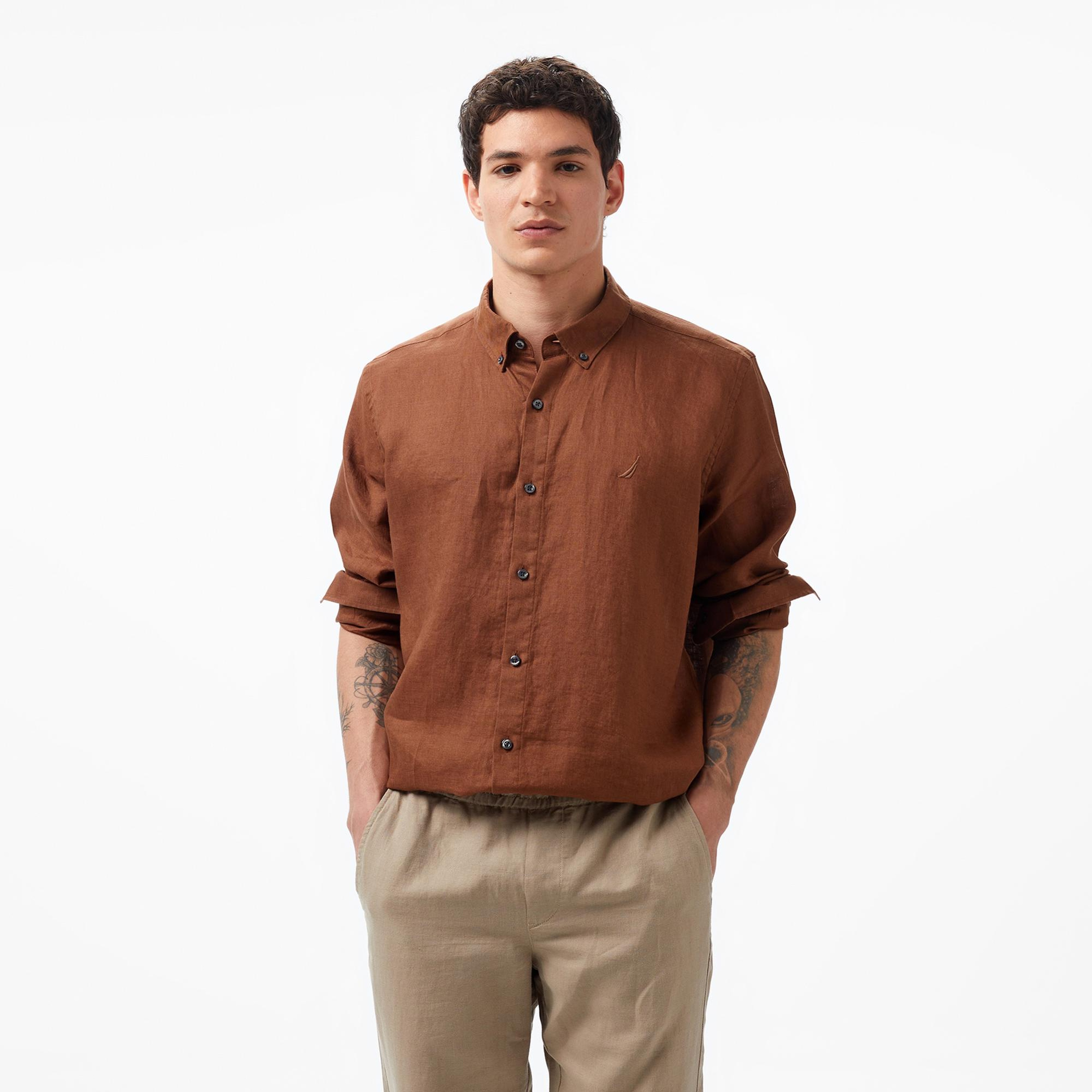 Nautica Erkek Kahverengi Classic Fit Uzun Kollu Keten Gömlek