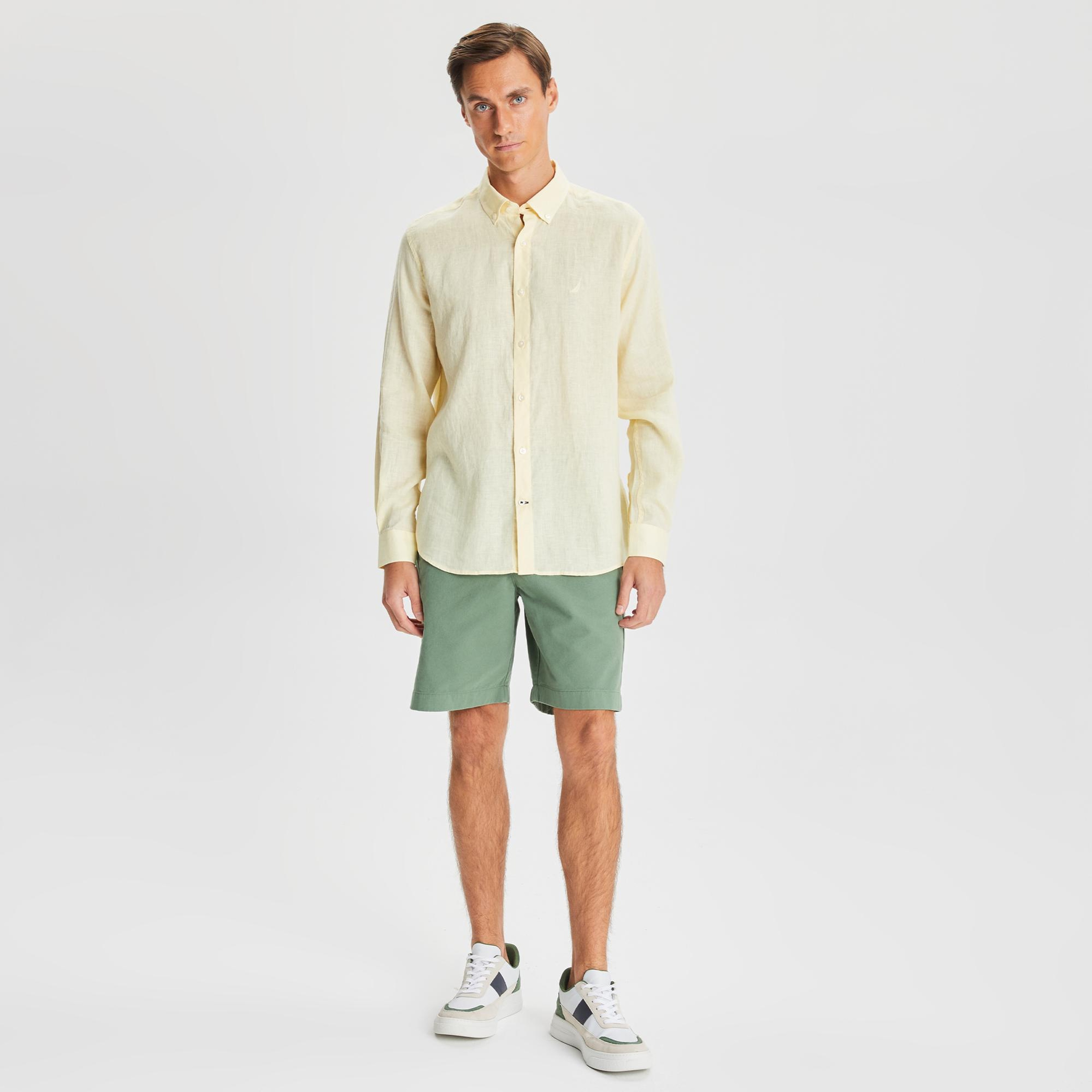 Nautica Erkek Sarı Classic Fit Uzun Kollu Keten Gömlek