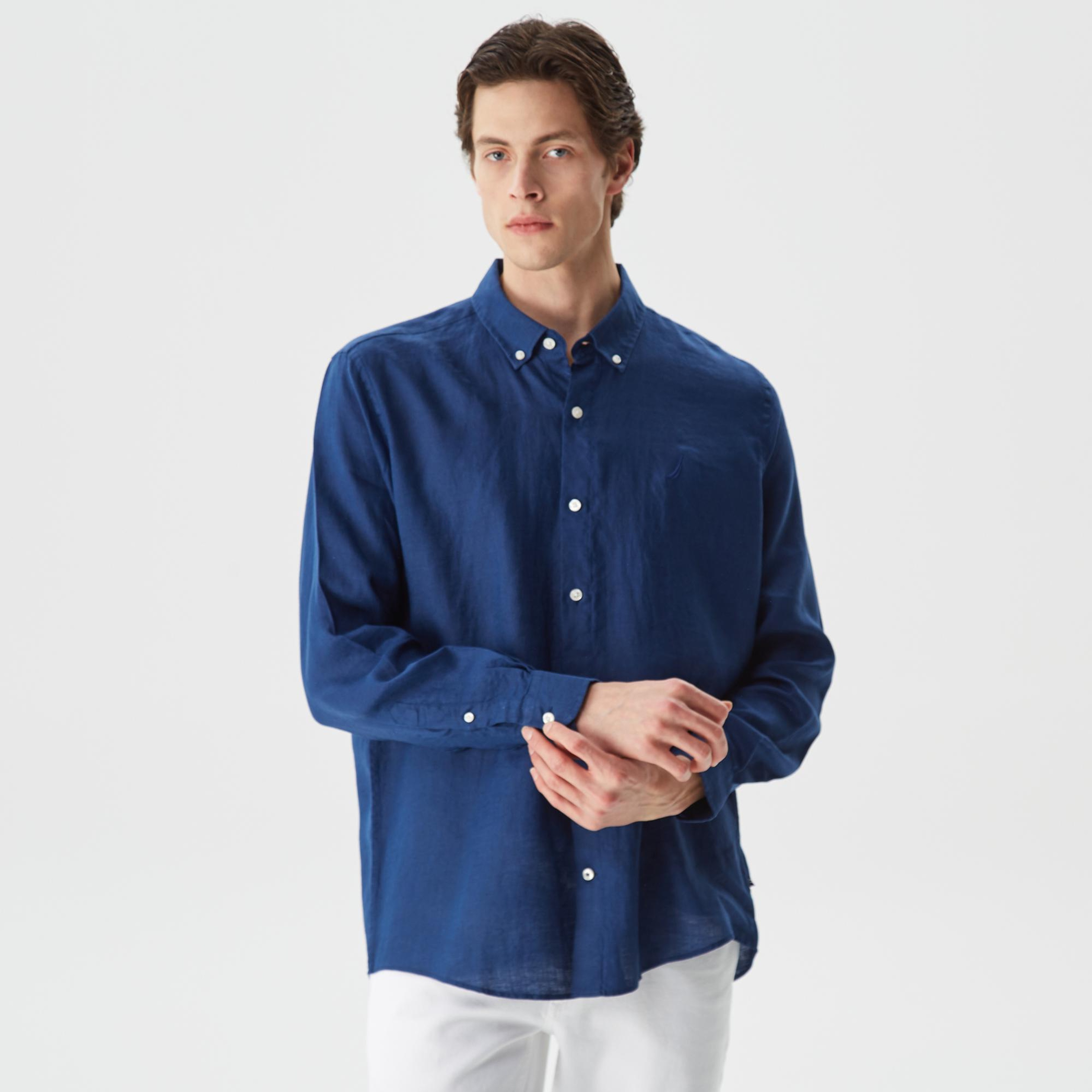 Nautica Erkek Lacivert Classic Fit Uzun Kollu Keten Gömlek